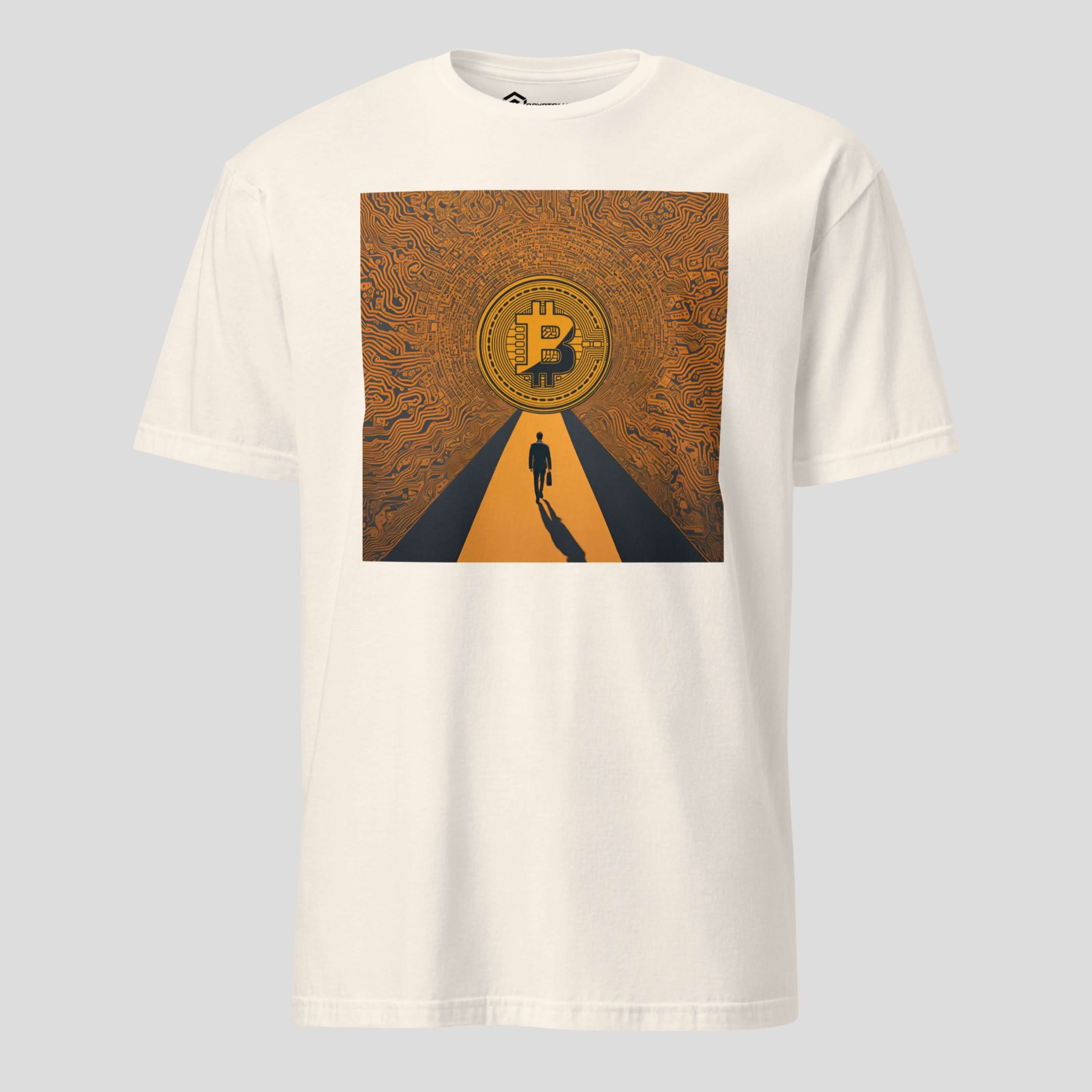 Cream white bitcoin journey t-shirt with bitcoin path illustration