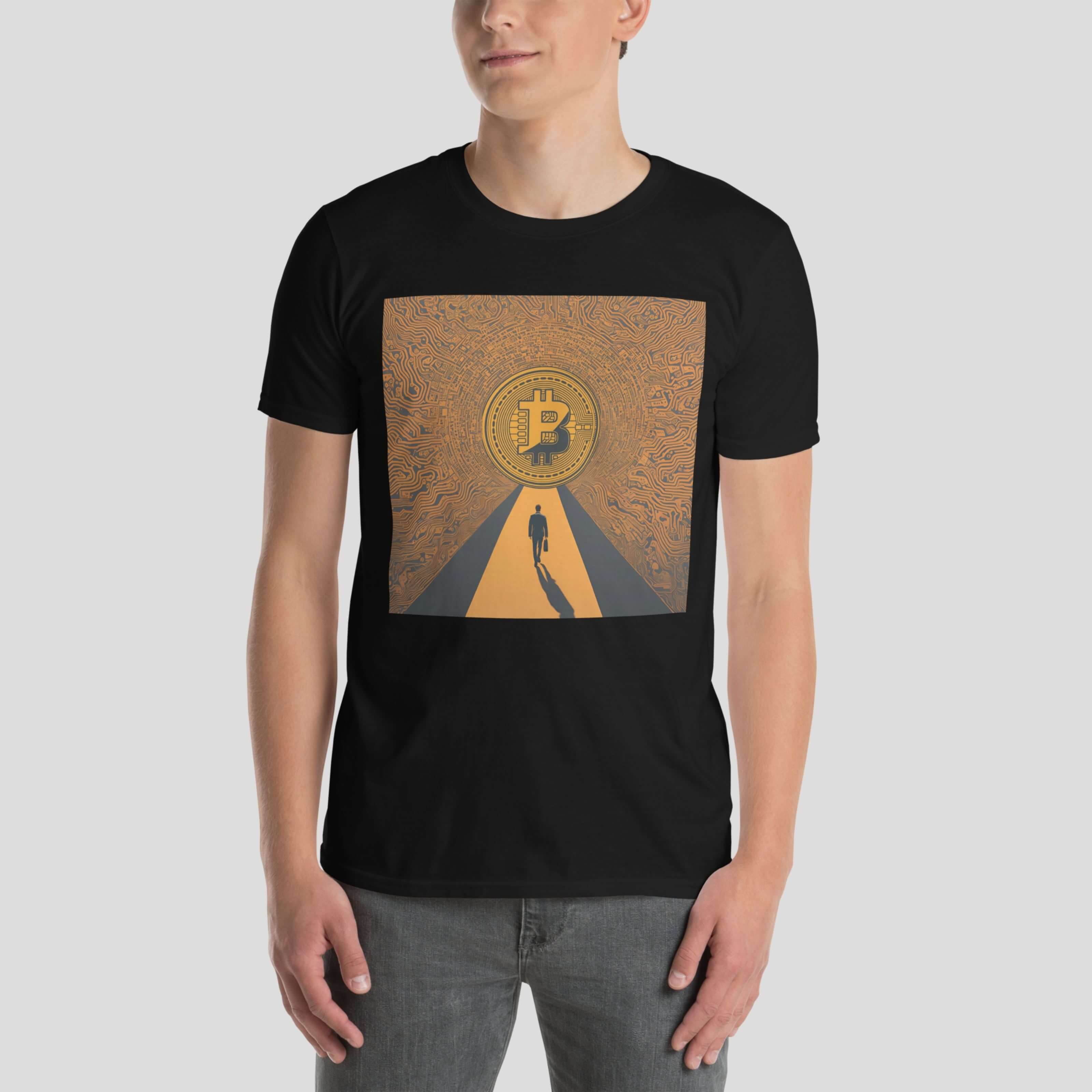 Model wearing black bitcoin journey crypto t-shirt front view