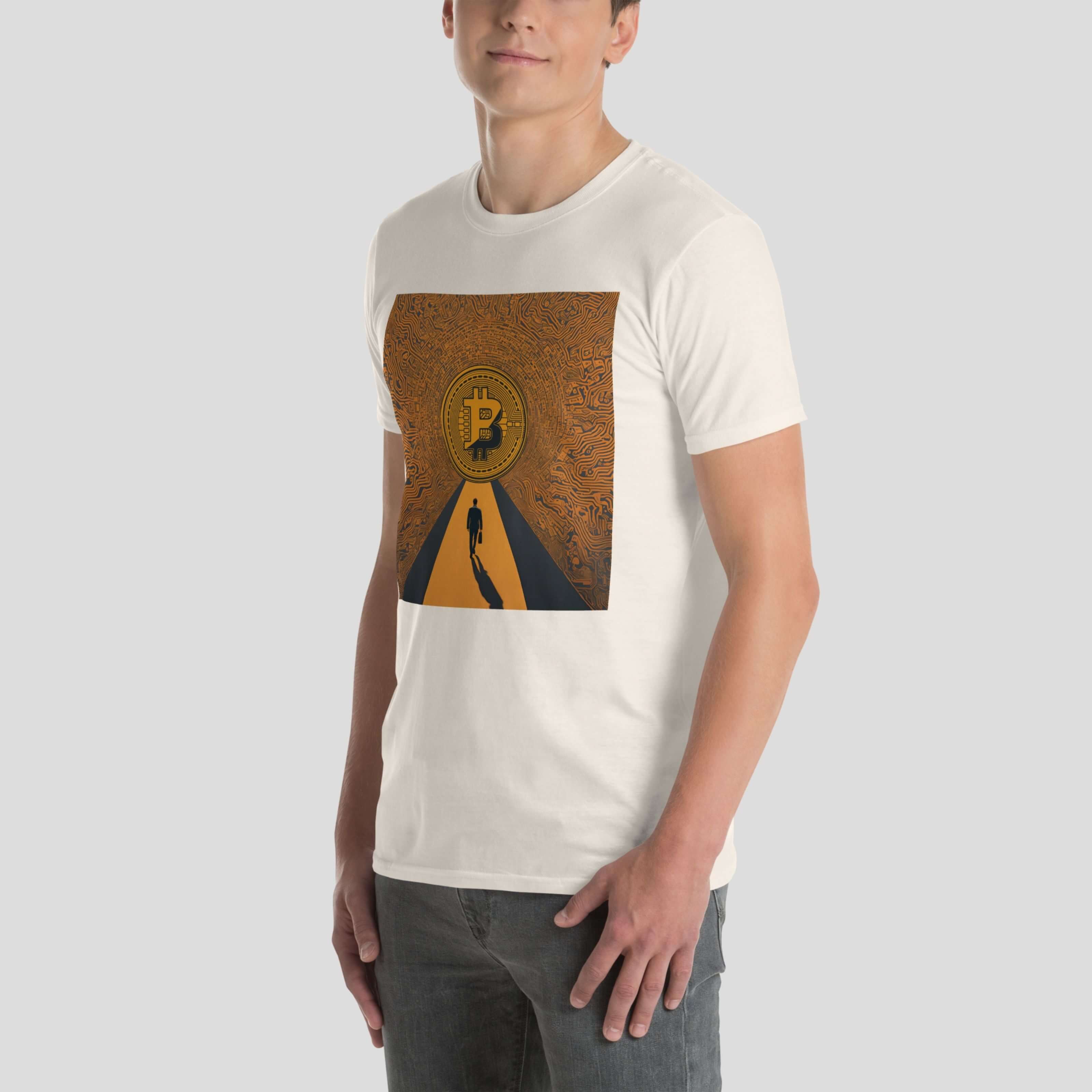 Side view of cream white bitcoin journey graphic t-shirt