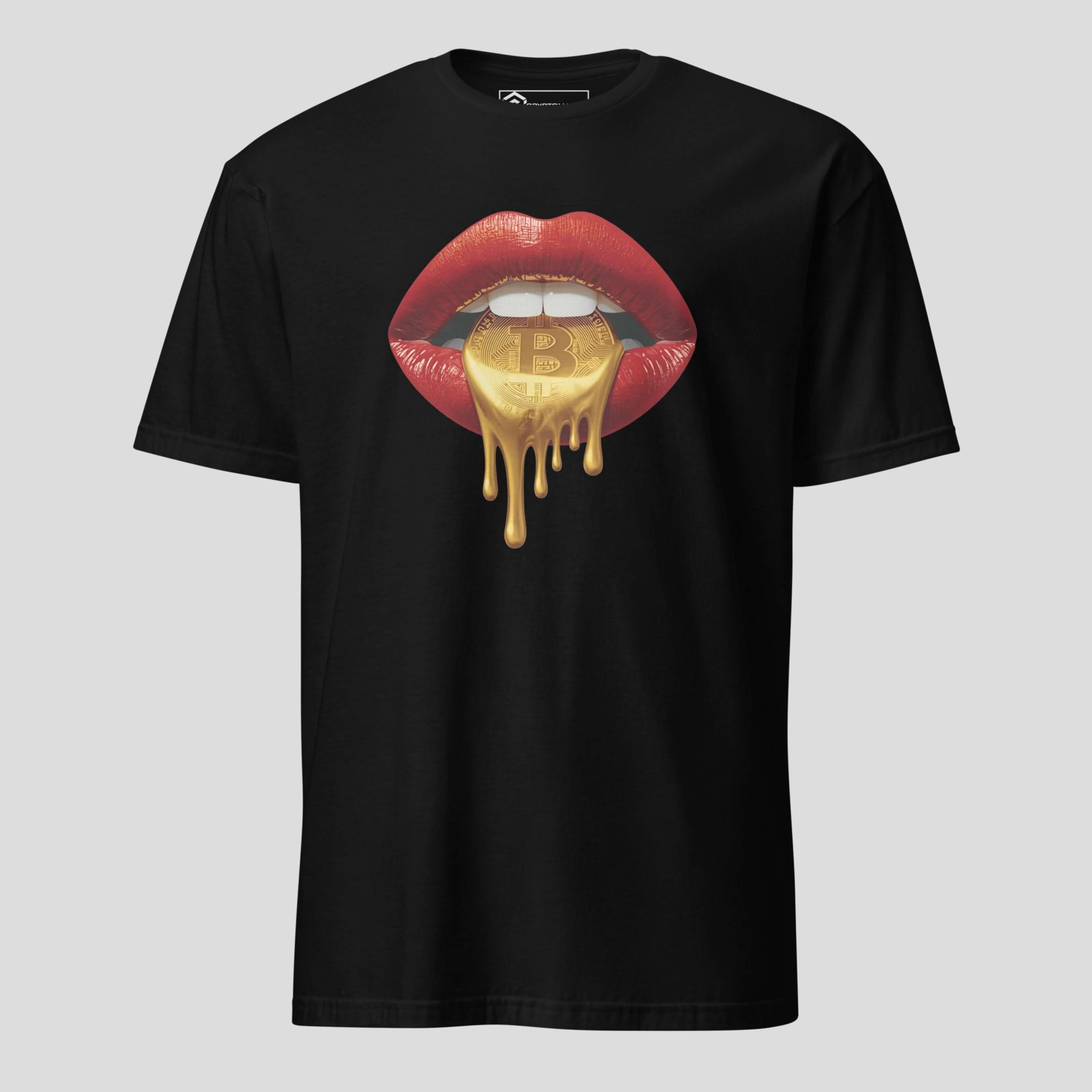 Black bitcoin lips t-shirt with dripping gold coin graphic