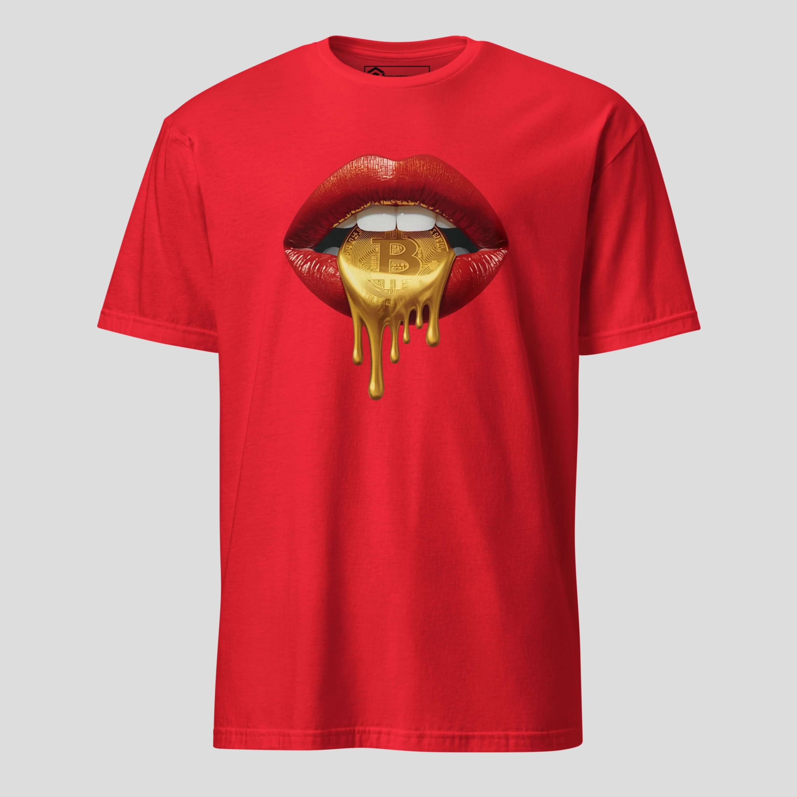 Red t-shirt with graphic of lips holding a gold Bitcoin symbol on a gray background