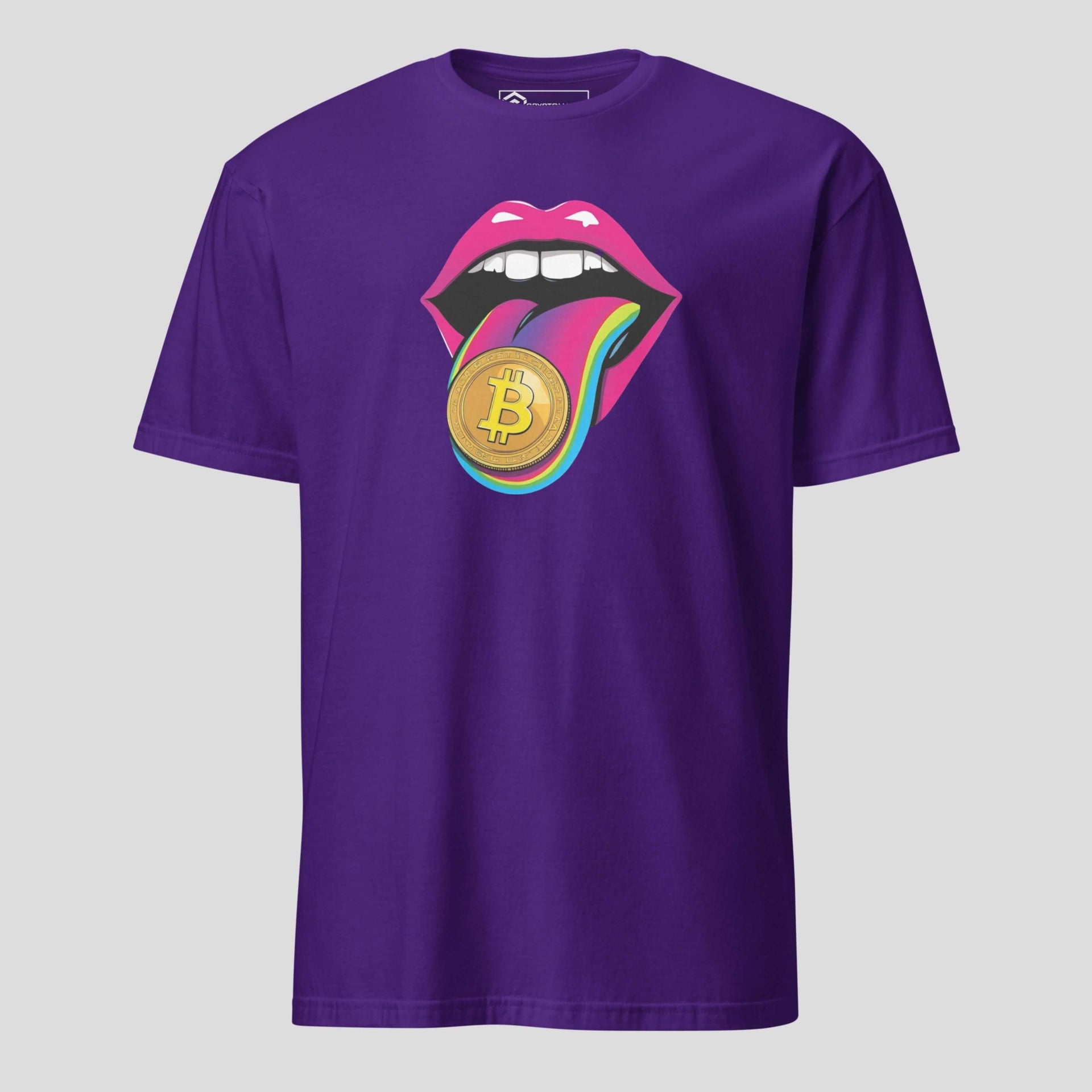 Purple Bitcoin lips t-shirt with bold pop art design and crypto streetwear style
