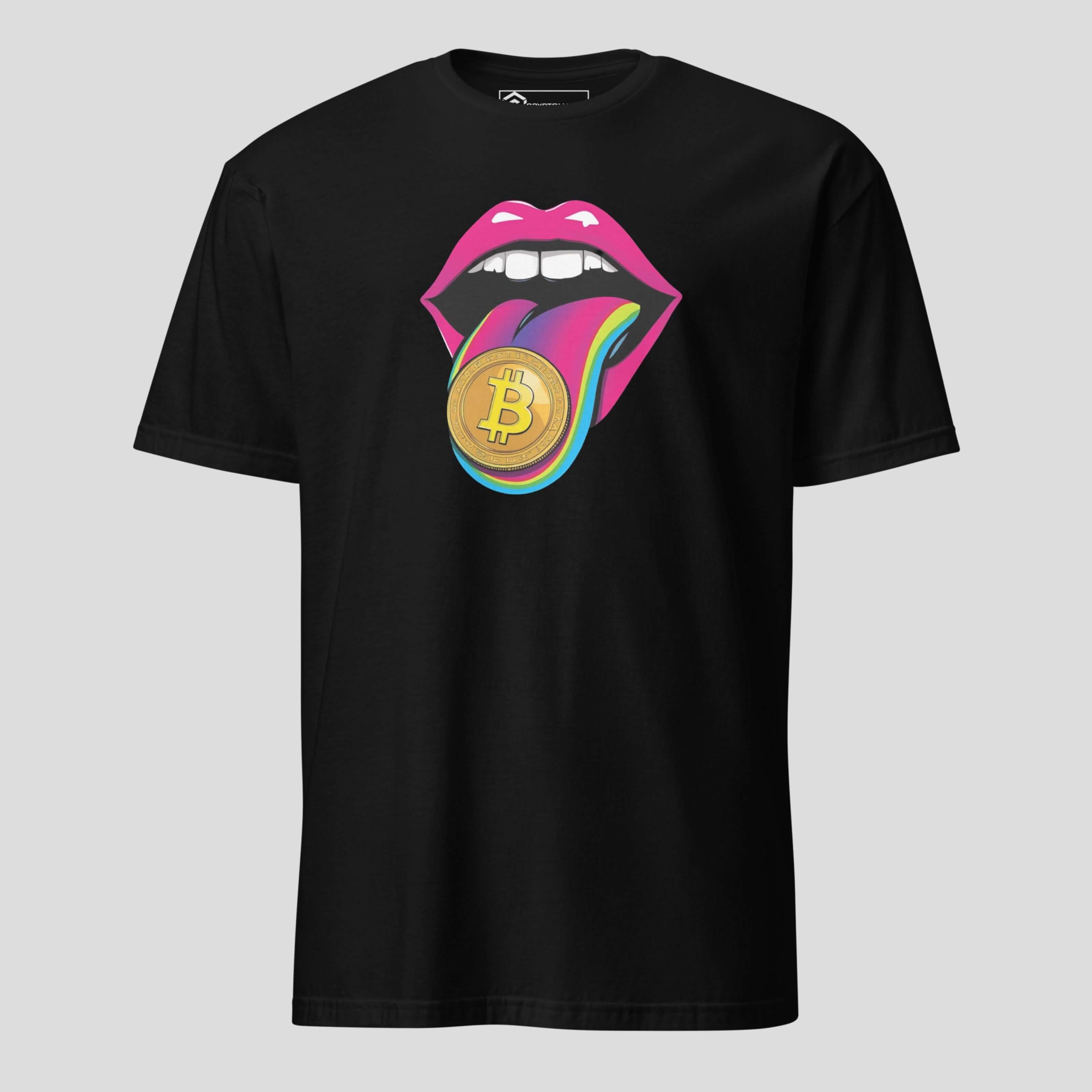 Black bitcoin lips t-shirt featuring colorful crypto pop art graphic
