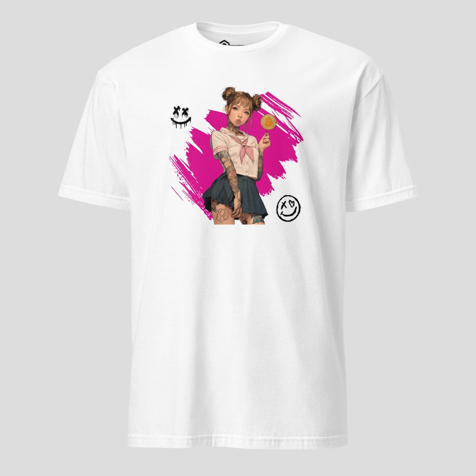 Anime-style rebel crypto t-shirt with graffiti influence on white fabric