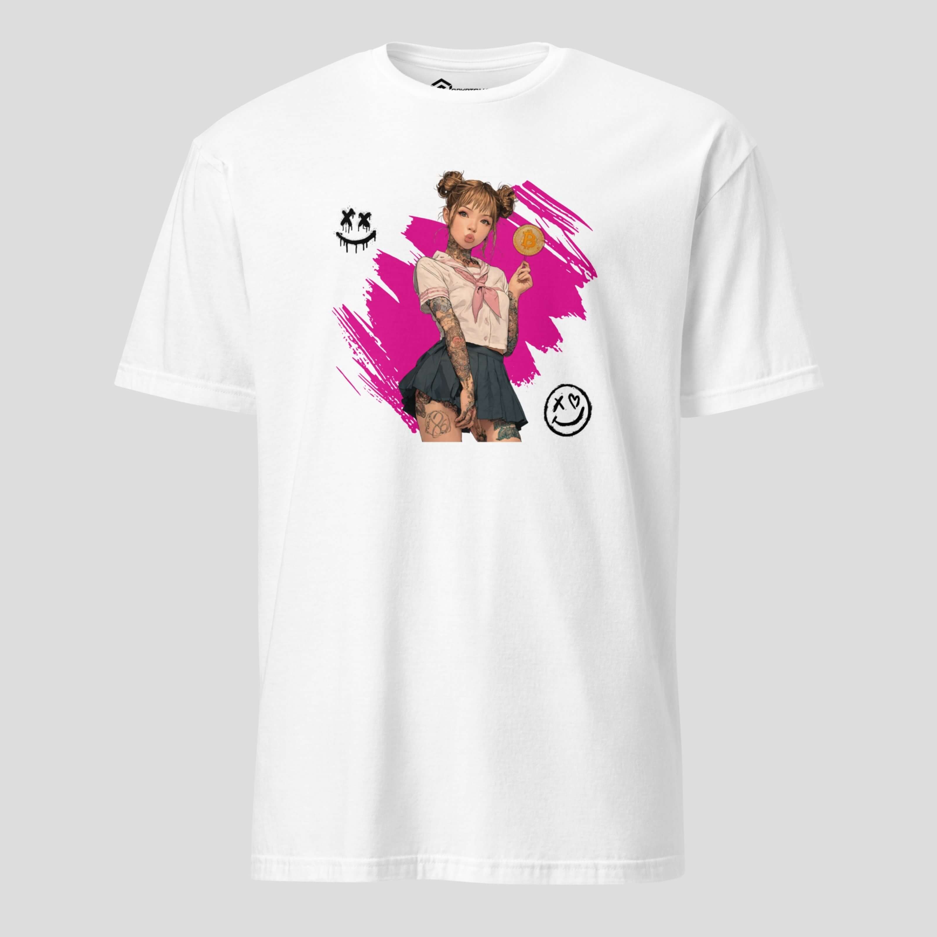 Anime-style rebel crypto t-shirt with graffiti influence on white fabric