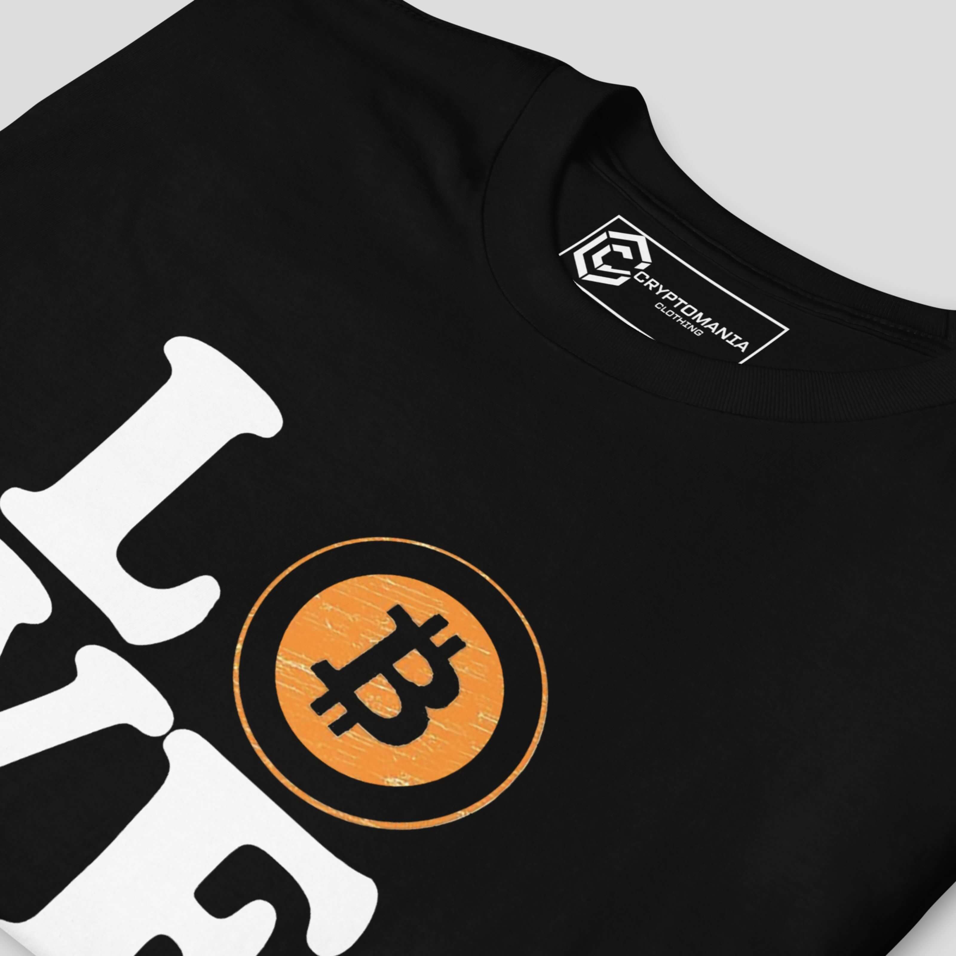 Love Bitcoin BTC inspired t-shirt black detail close up