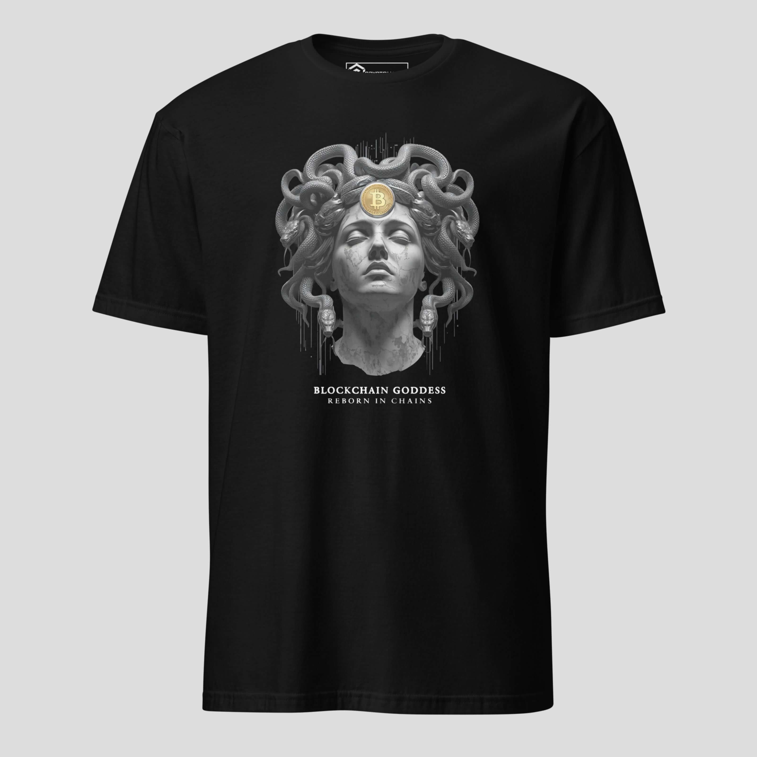Bitcoin Medusa t shirt black blockchain goddess crypto streetwear design