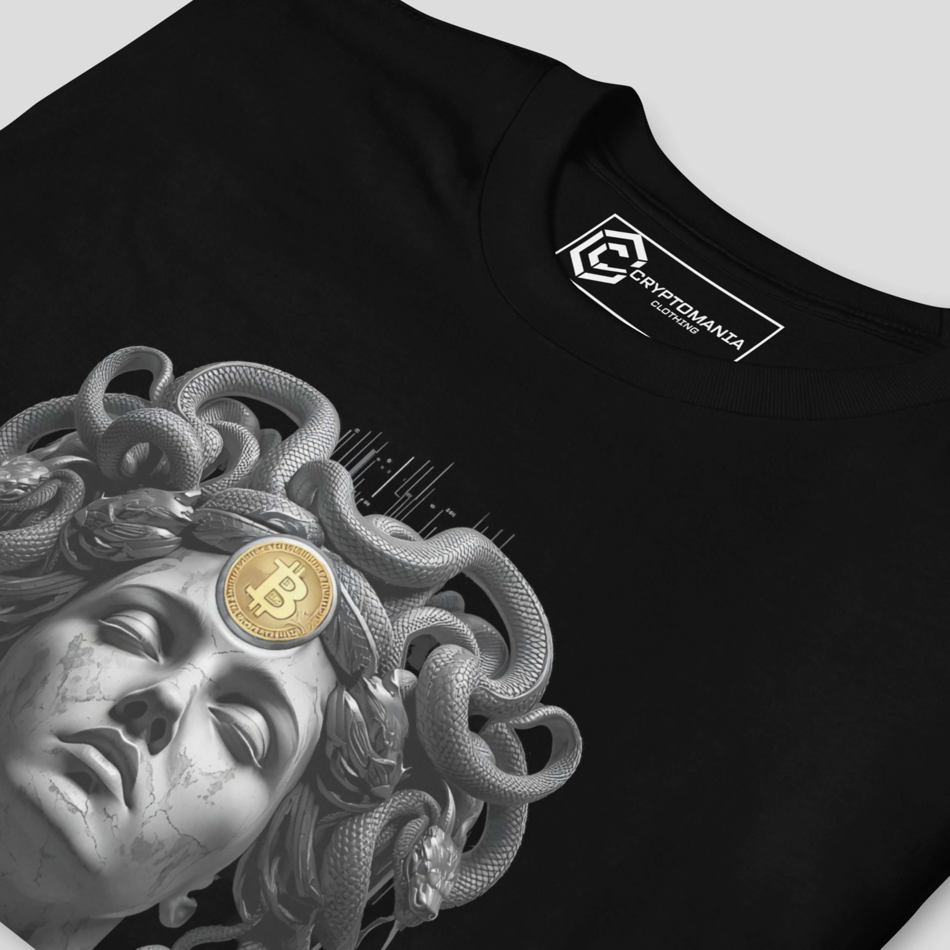 Bitcoin Medusa close up detail blockchain art tshirt