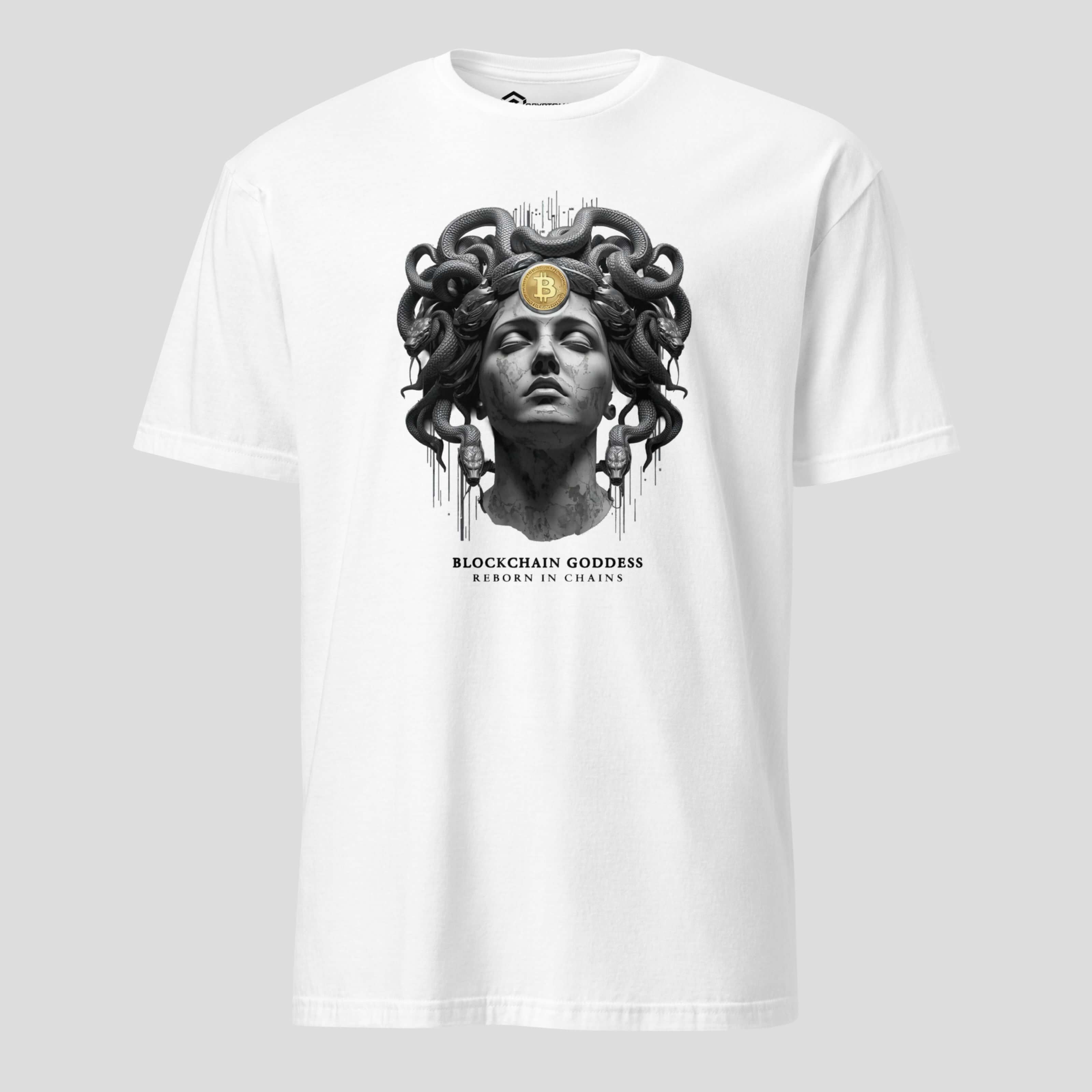 bitcoin statue crypto art tshirt white