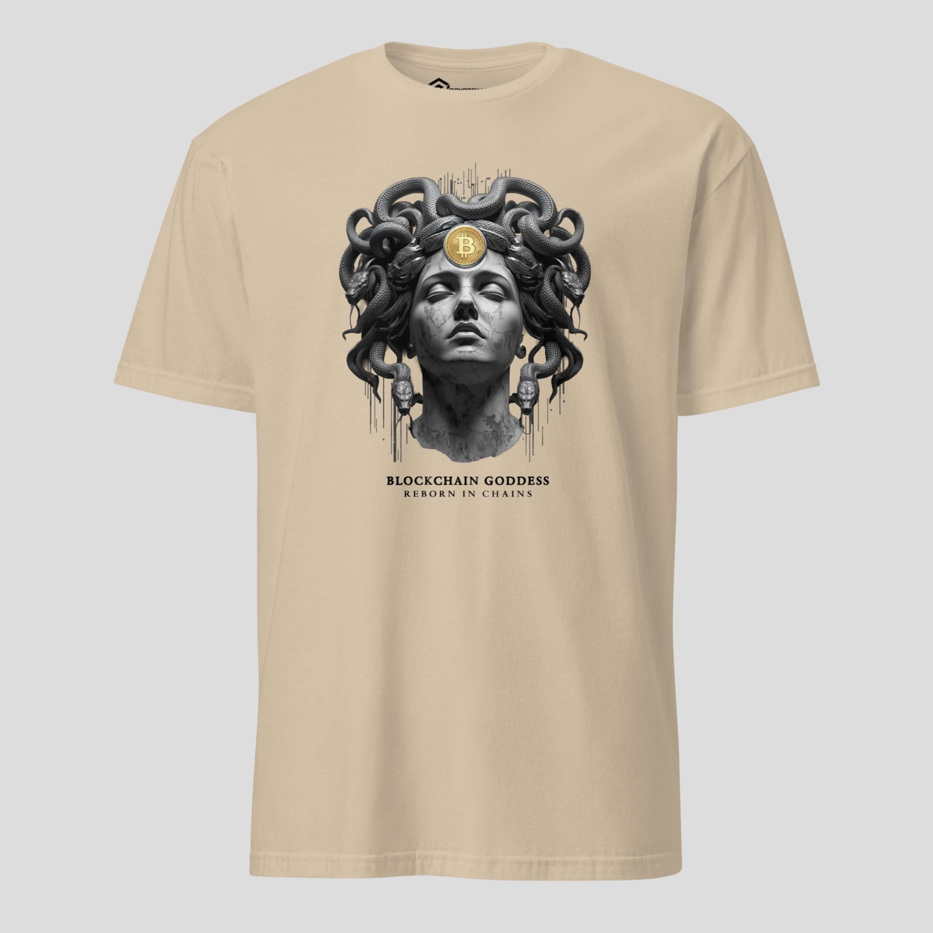bitcoin greek statue myth design beige tshirt