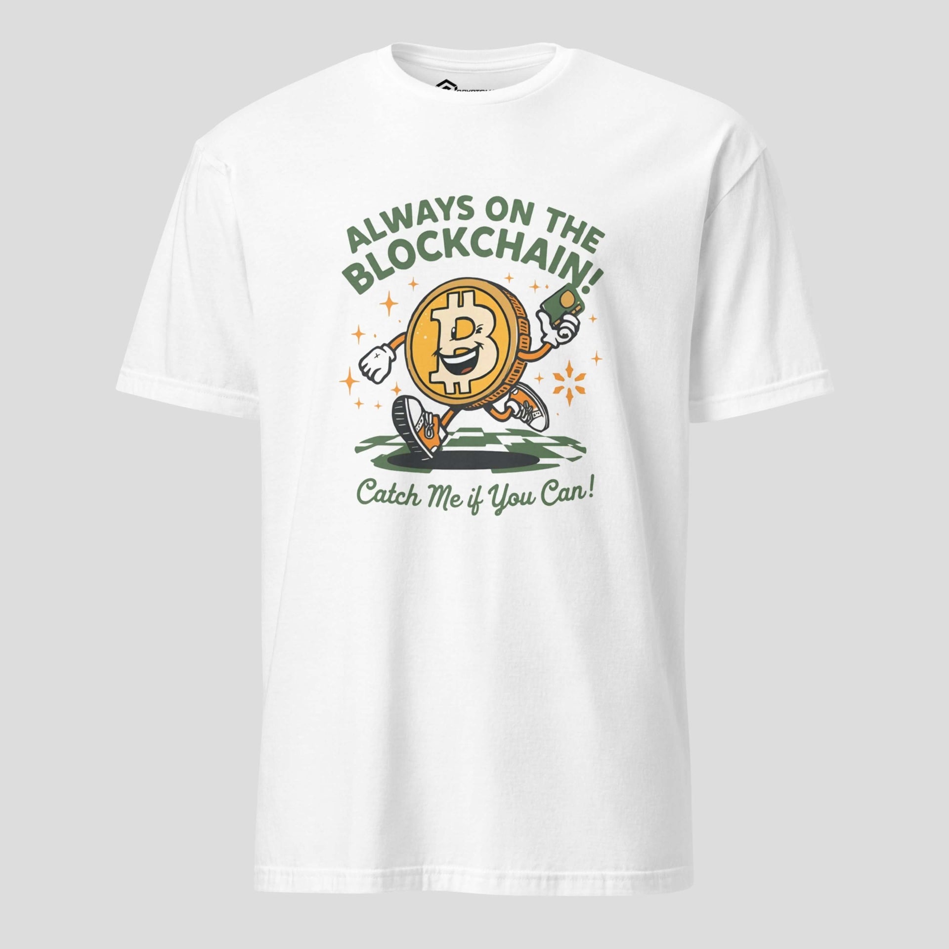 Funny Bitcoin meme t-shirt always on the blockchain cartoon BTC design white
