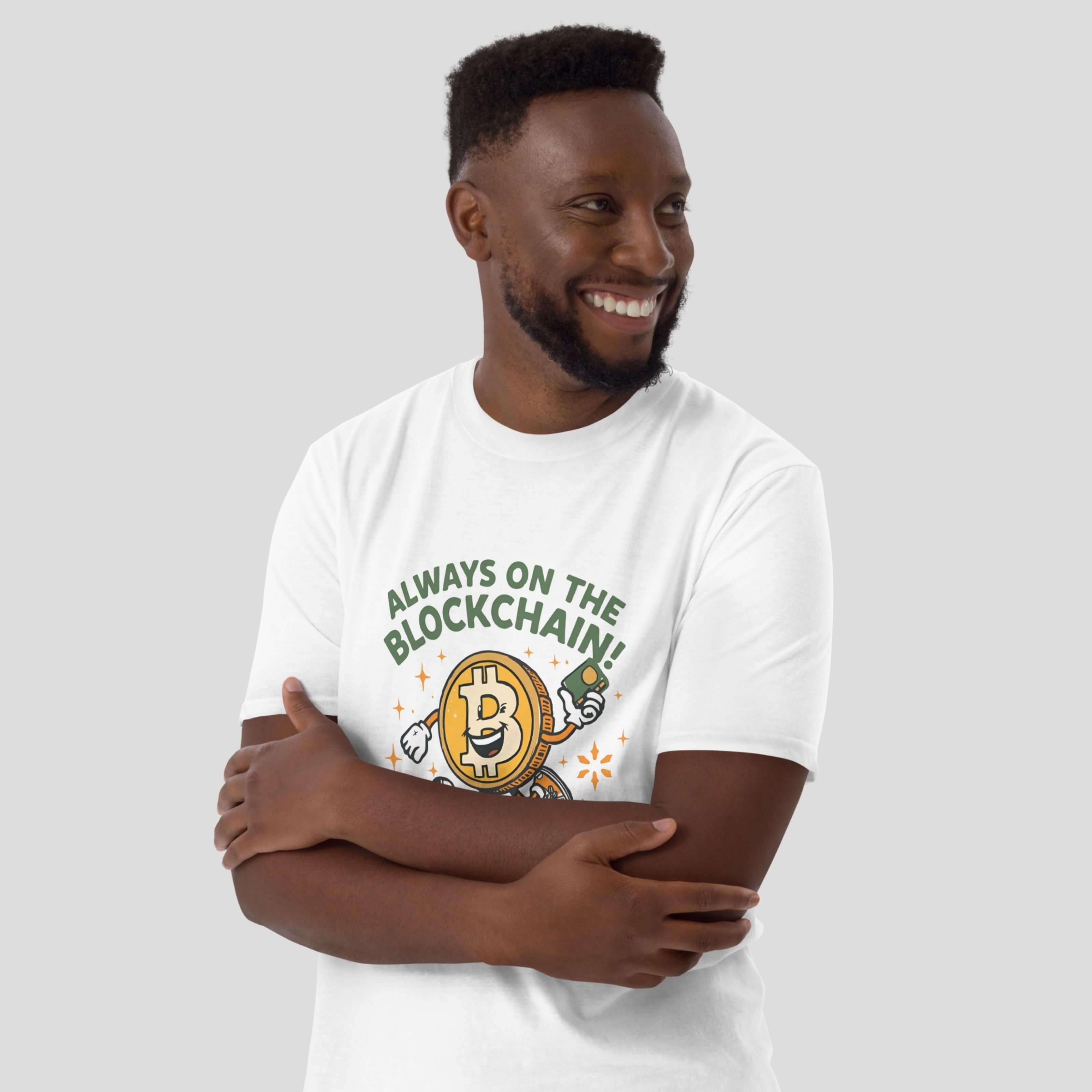 Bitcoin meme t shirt lifestyle mockup for crypto humor lovers