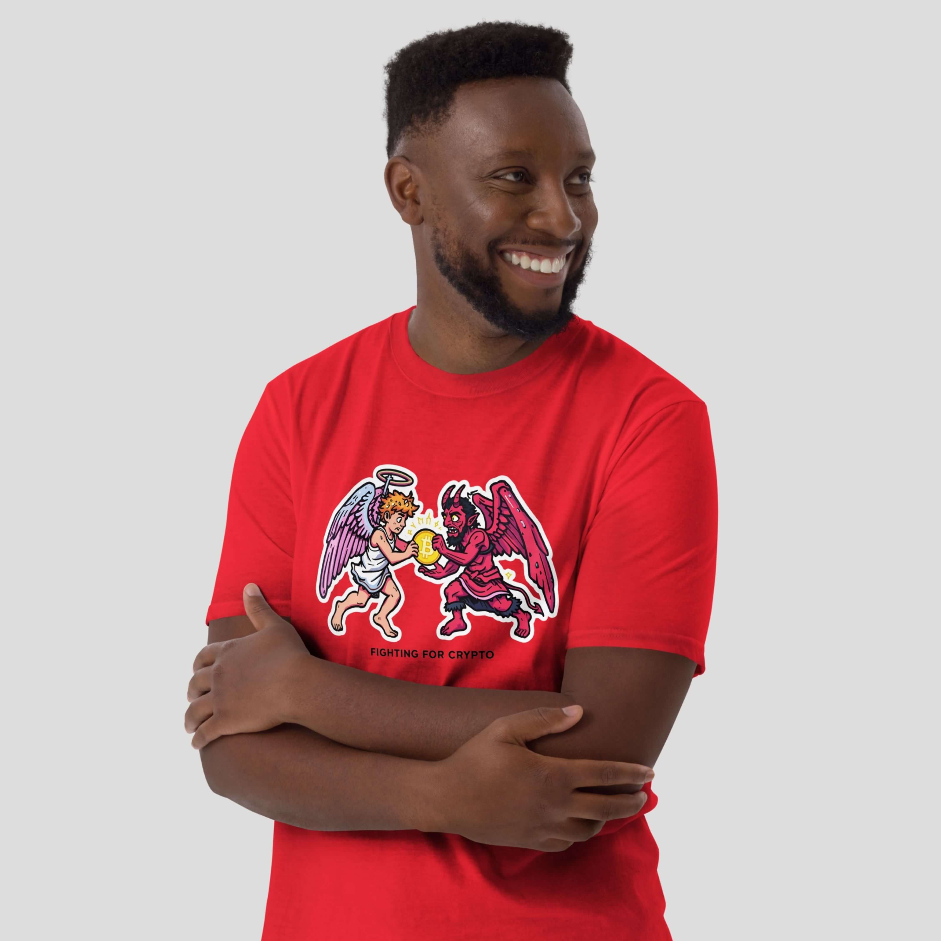 man wearing bitcoin meme angel vs devil crypto t-shirt red