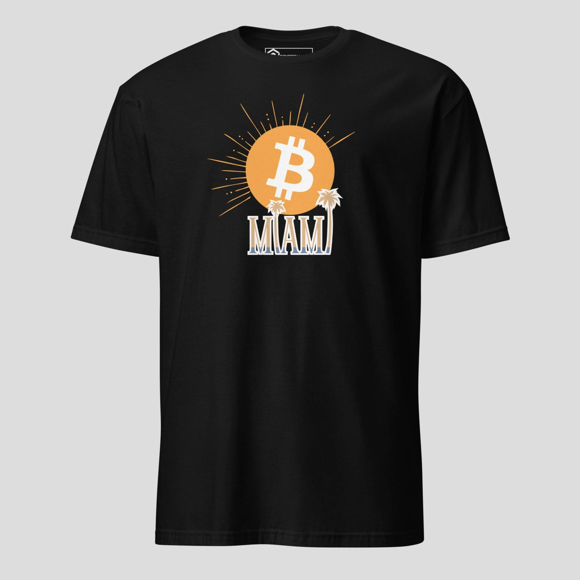 Bitcoin miami sunset black crypto t shirt front view streetwear design
