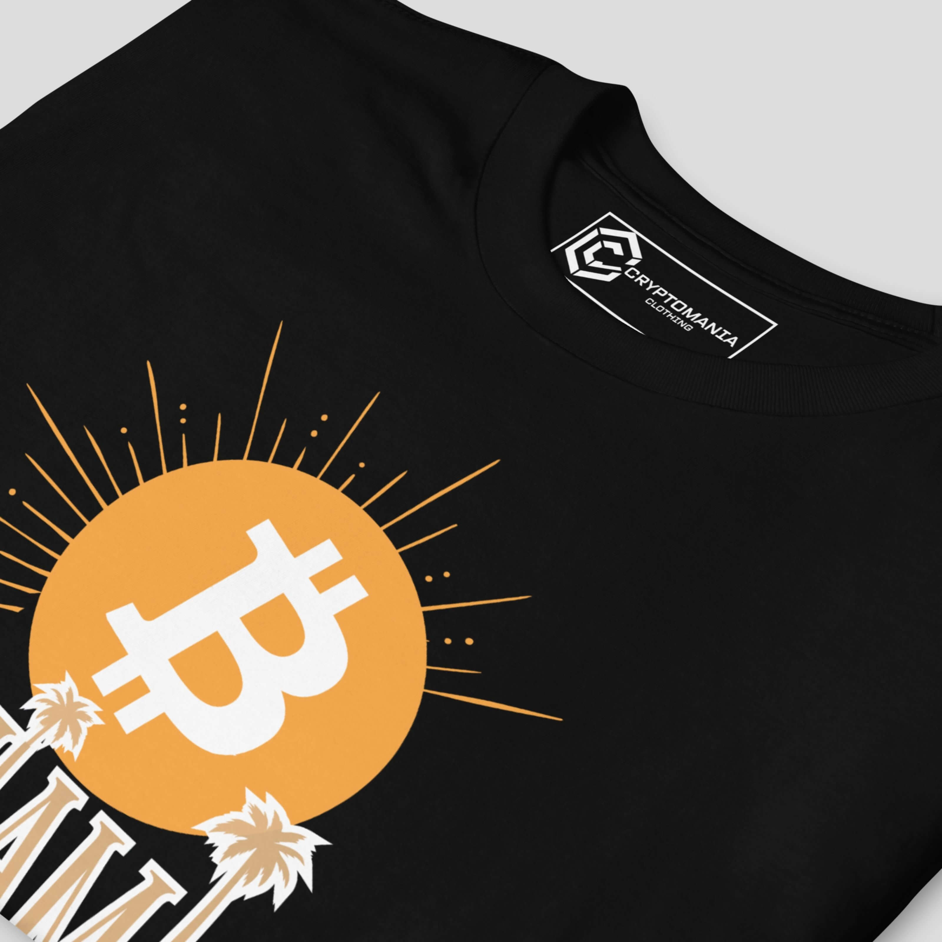 Bitcoin miami black crypto t shirt close up sunset logo
