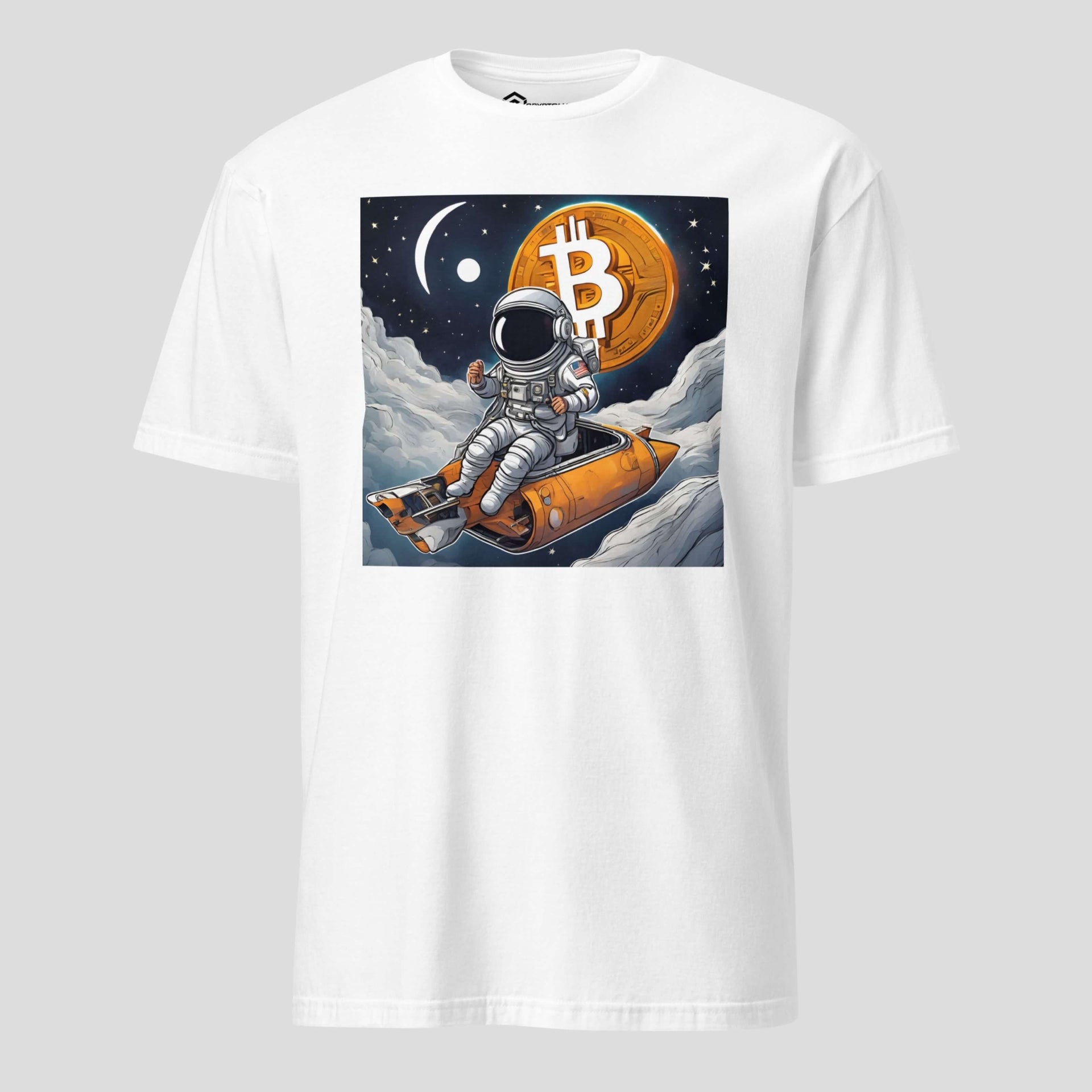 Bitcoin moon astronaut artwork on white crypto t-shirt