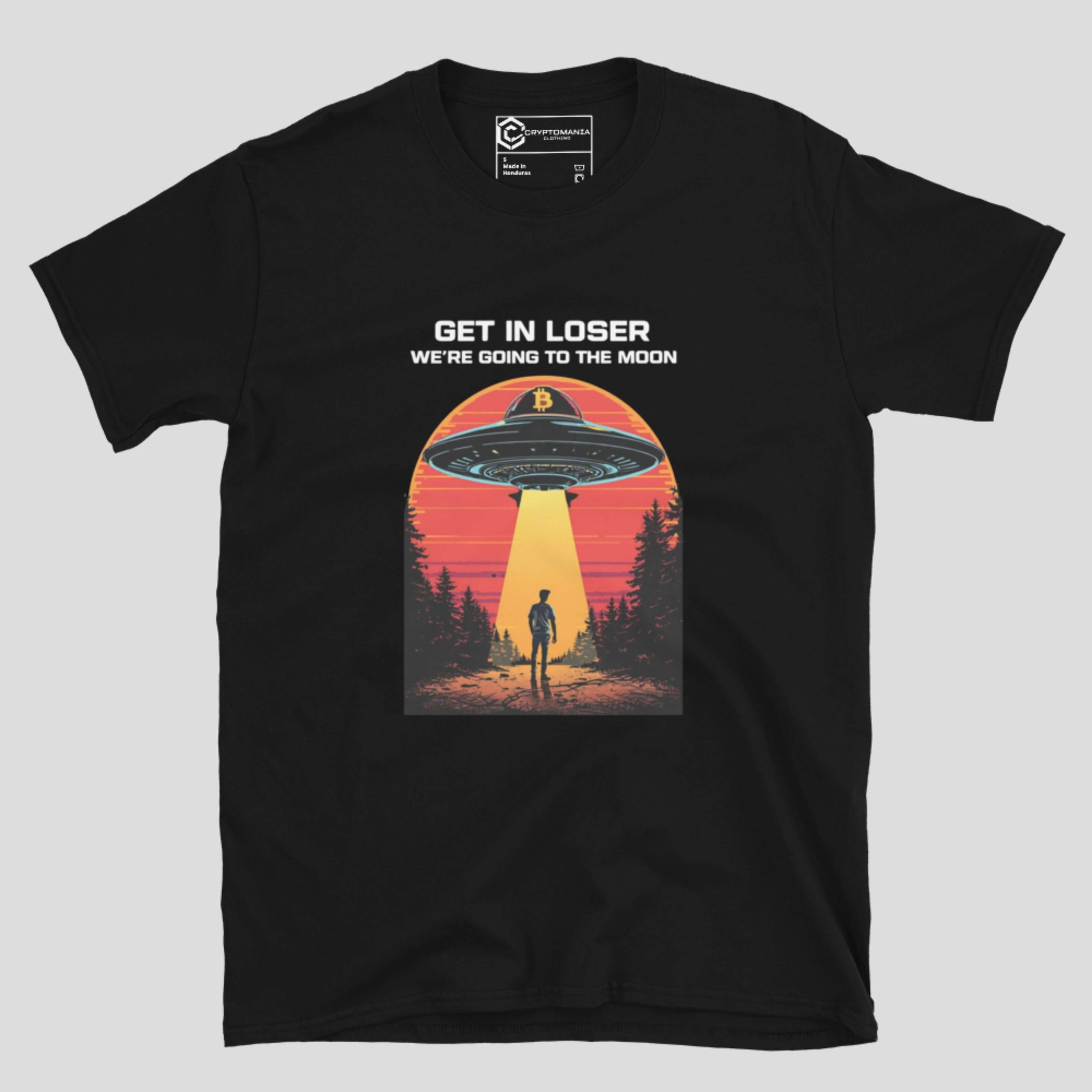 Black crypto moon meme tee with ufo abduction graphic