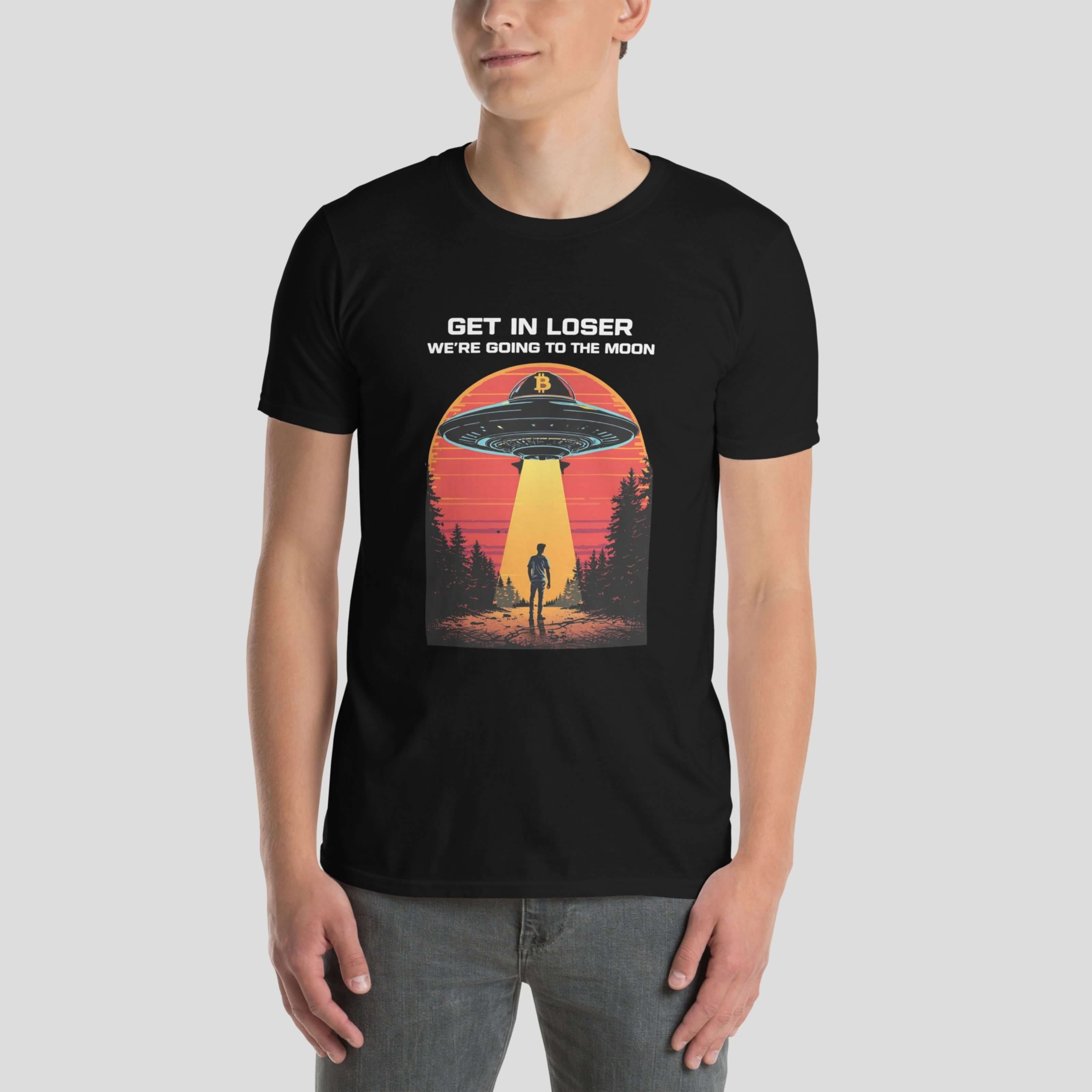 Male model posing with a black bitcoin moon tshirt streetwear meme style