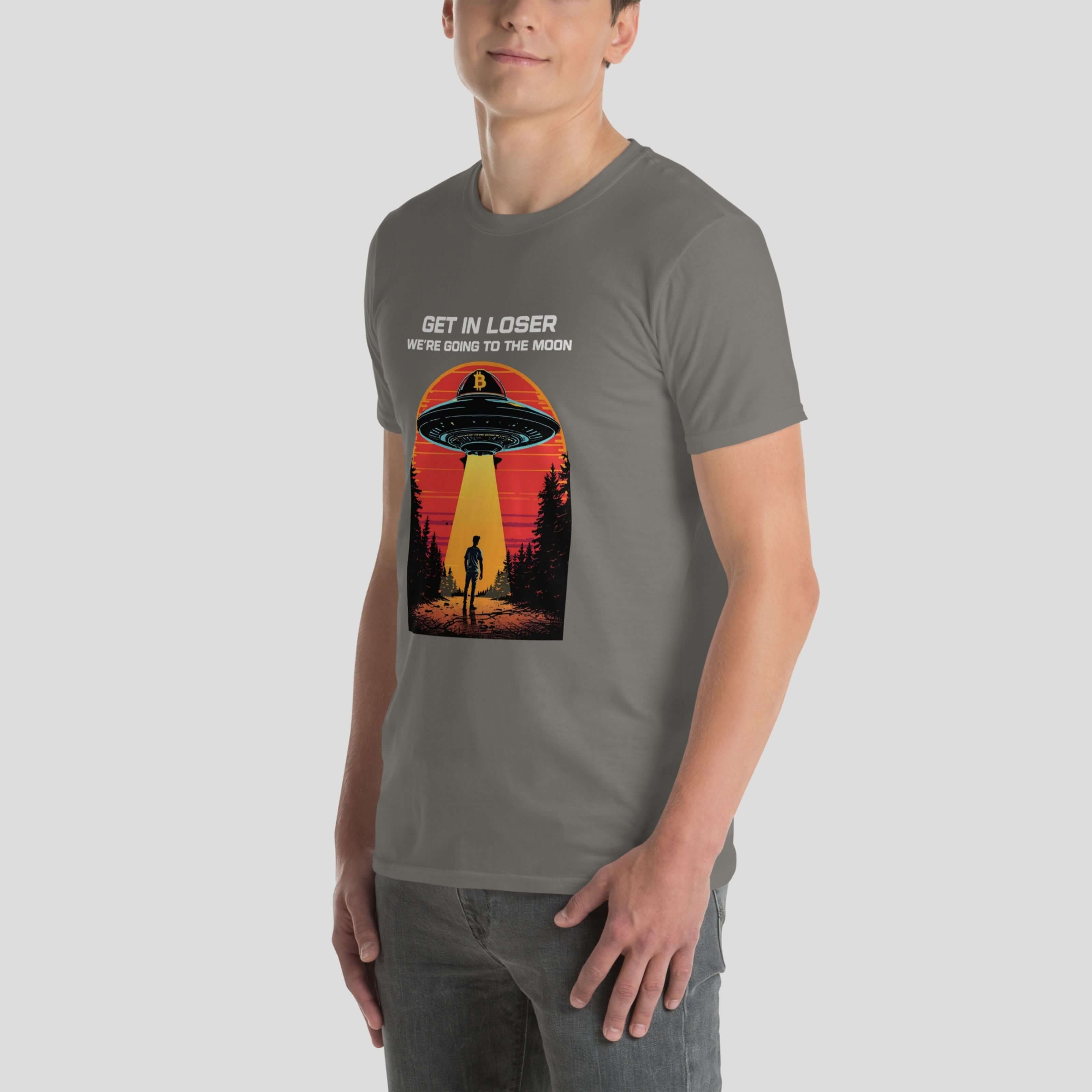 Man wearing a grey Get in loser we are going to the moon bitcoin tee