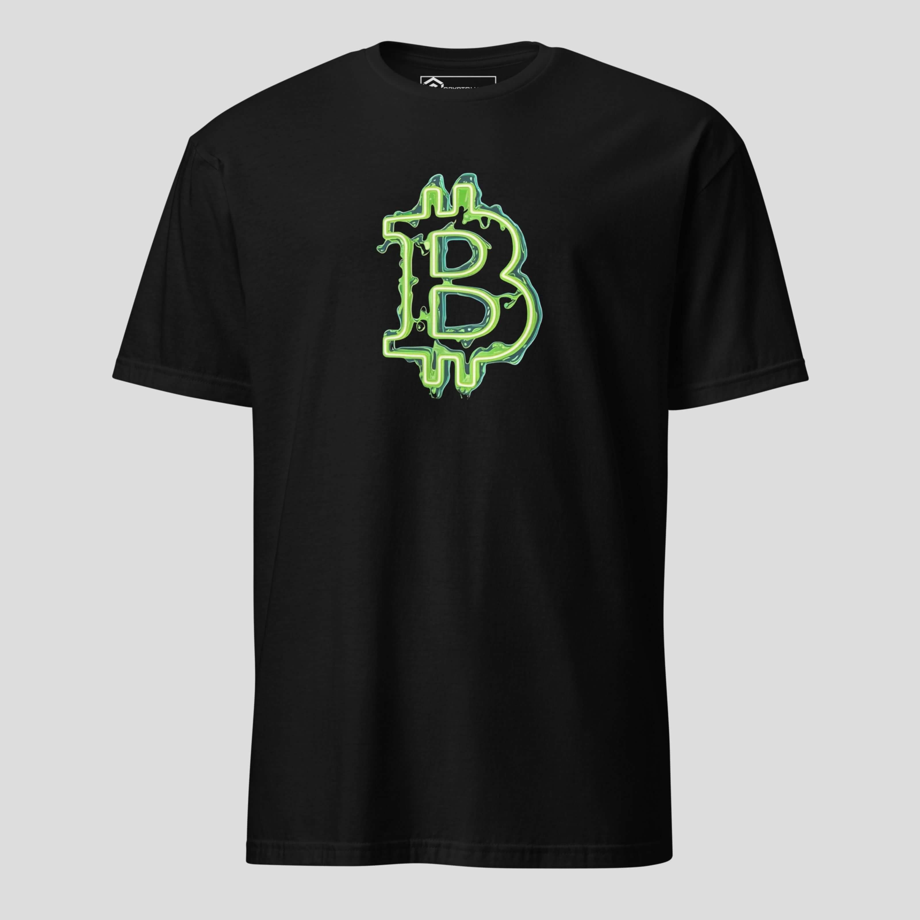 Black t-shirt with neon green bitcoin-inspired drip symbol in streetwear style
