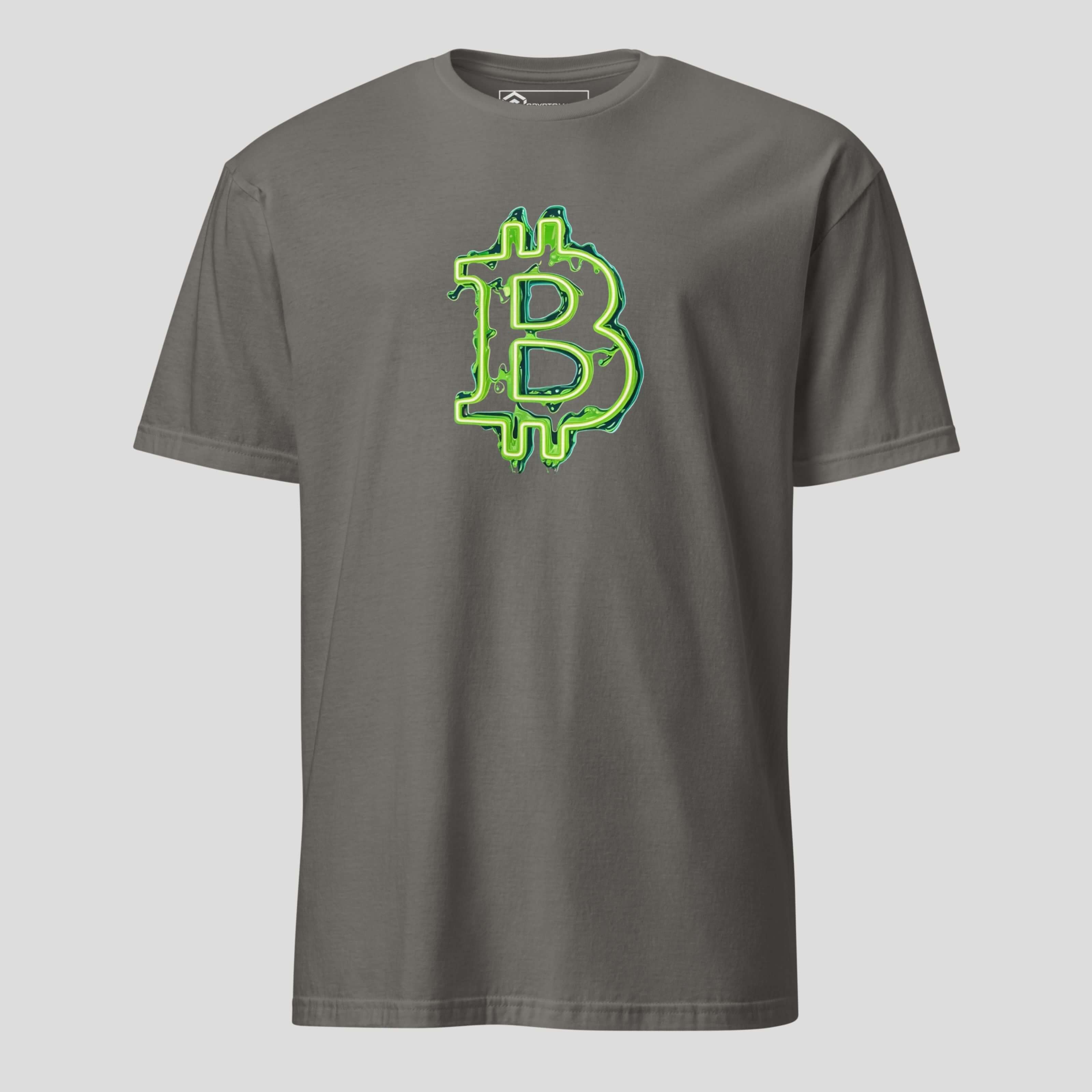 Gray crypto t-shirt with green neon drip bitcoin-inspired emblem