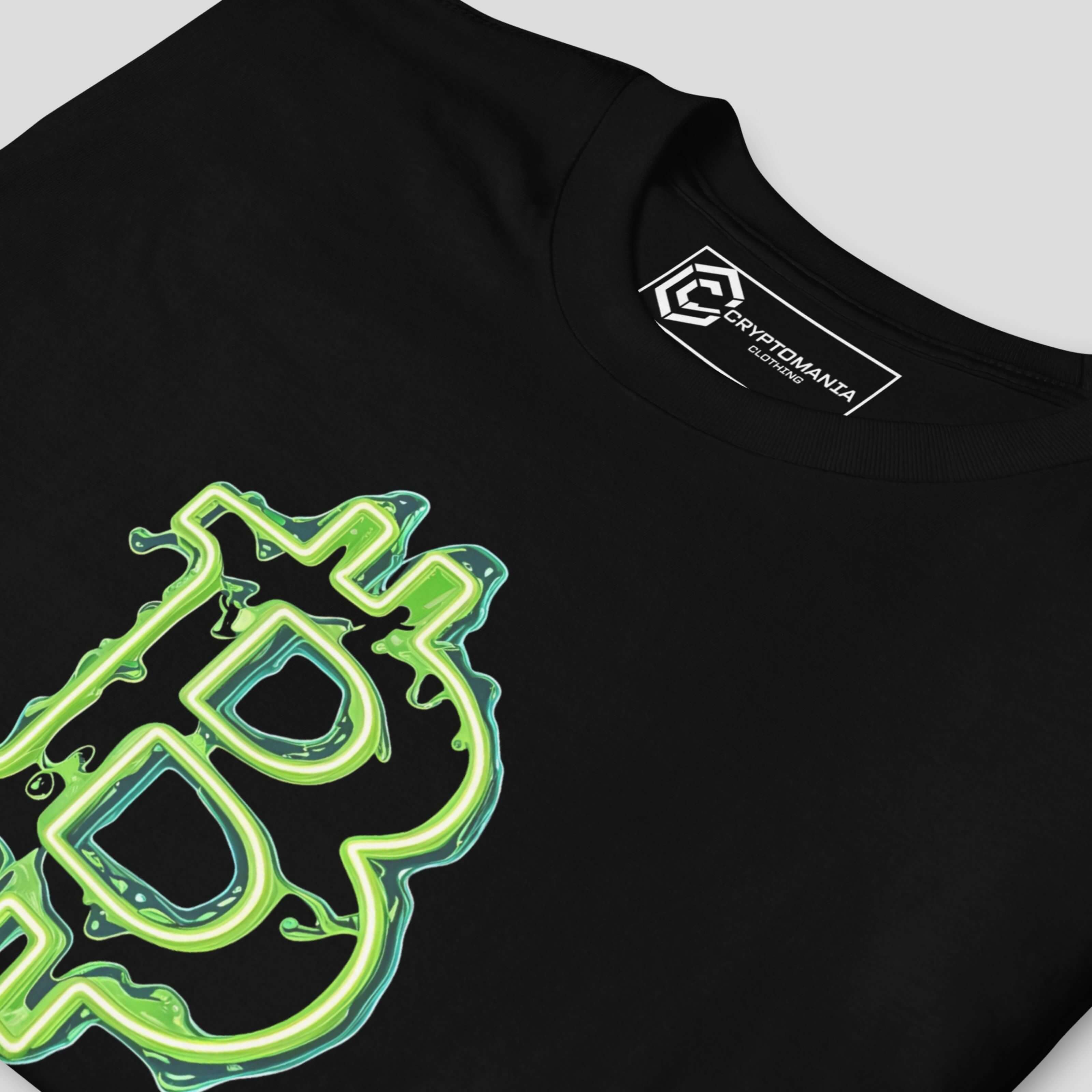Detailed view of black bitcoin t-shirt with green neon drip logo 