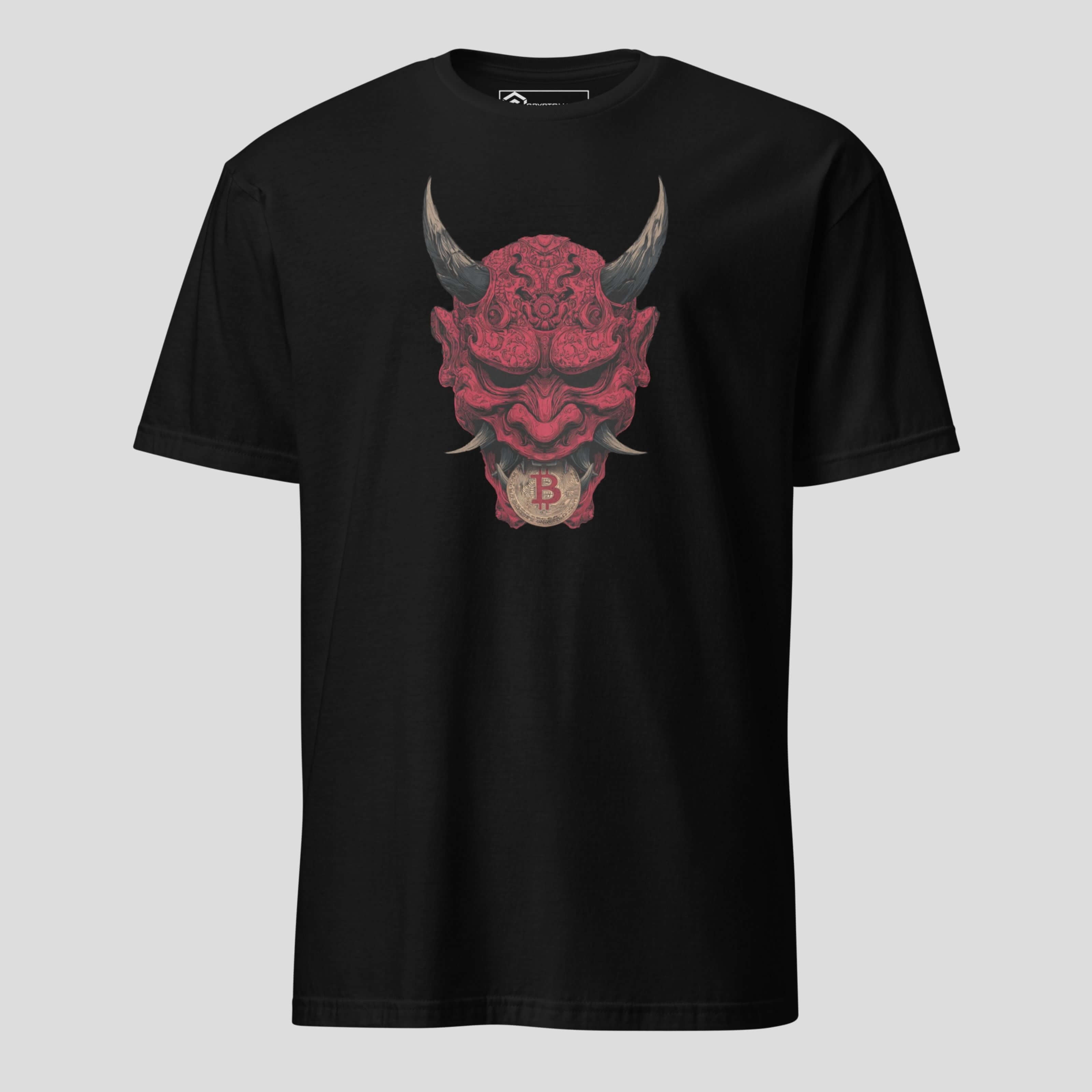 Black japanese oni mask bitcoin t-shirt with horns and coin in mouth