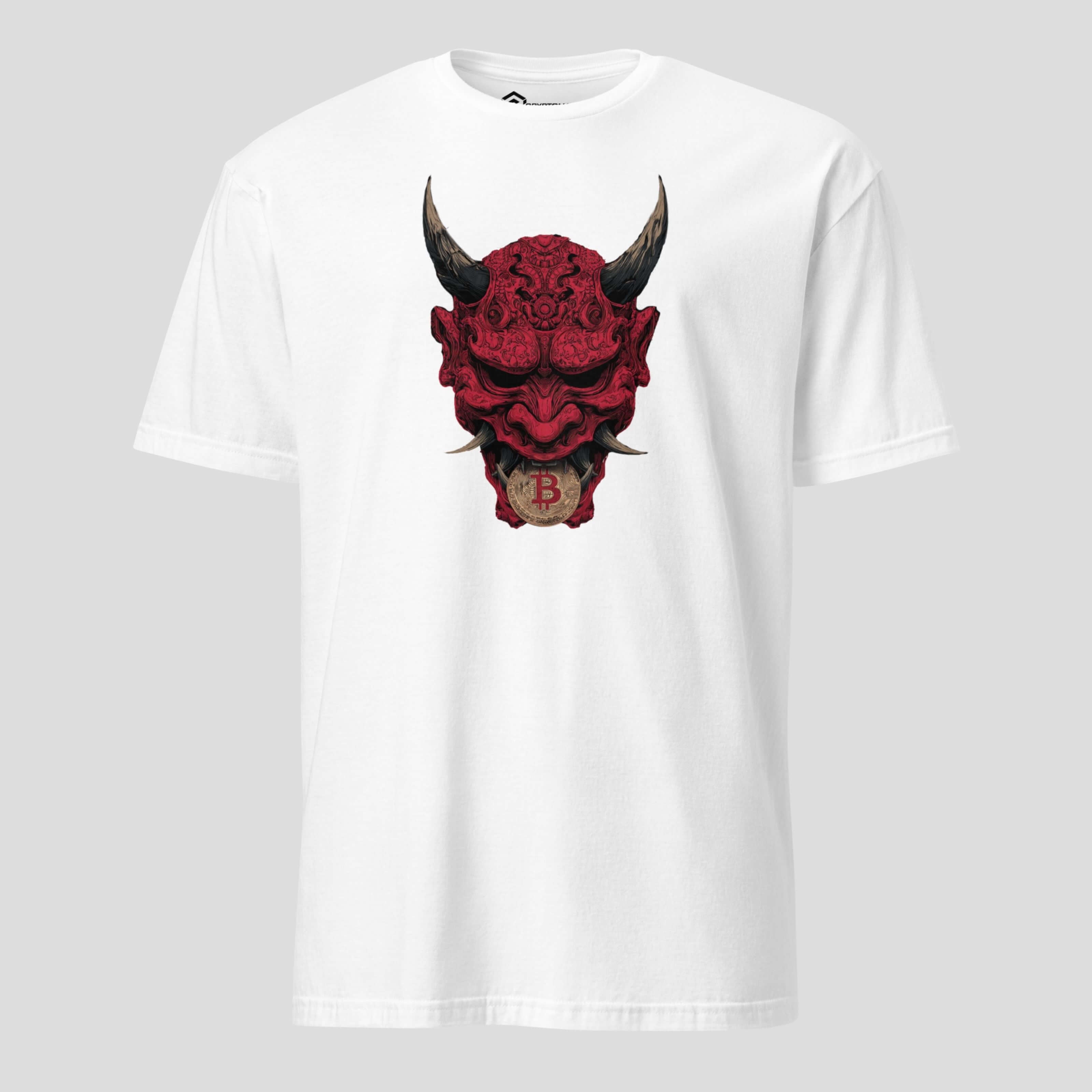 White japanese oni mask crypto t-shirt inspired by bitcoin culture