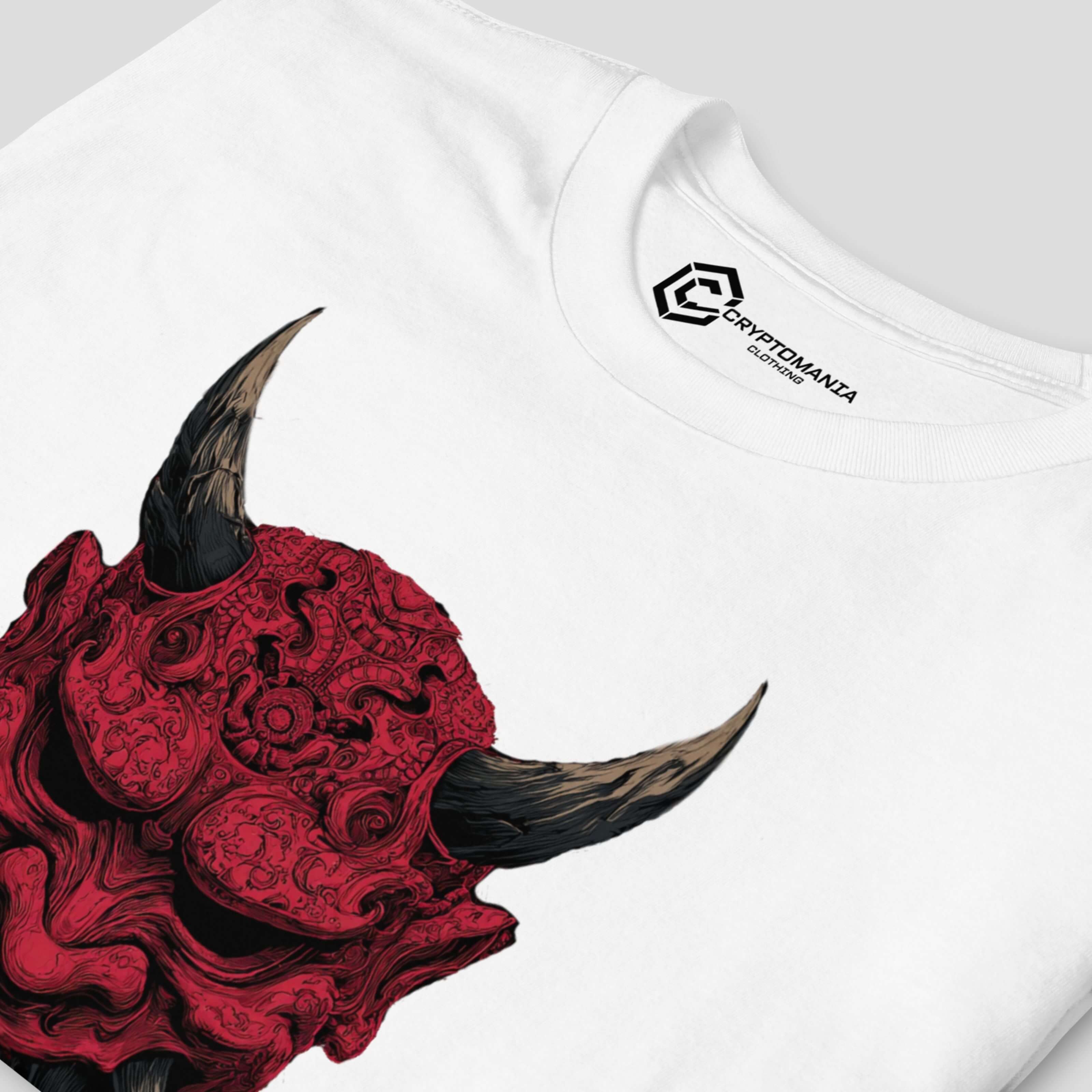 Close-up of bitcoin coin detail in oni mask artwork on white crypto t-shirt