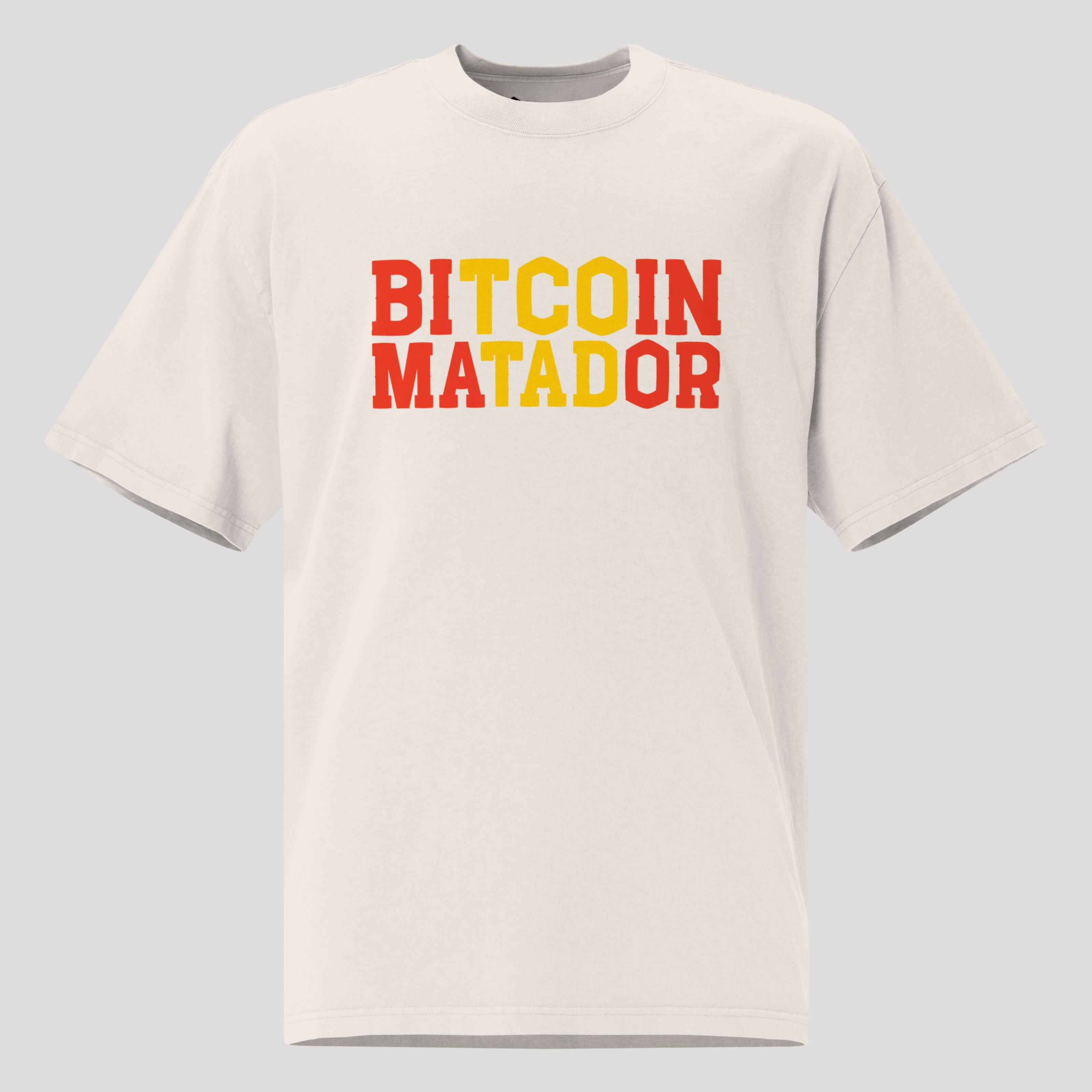 Beige t-shirt with 'BITCOIN MATADOR' text in red and yellow on a light gray background