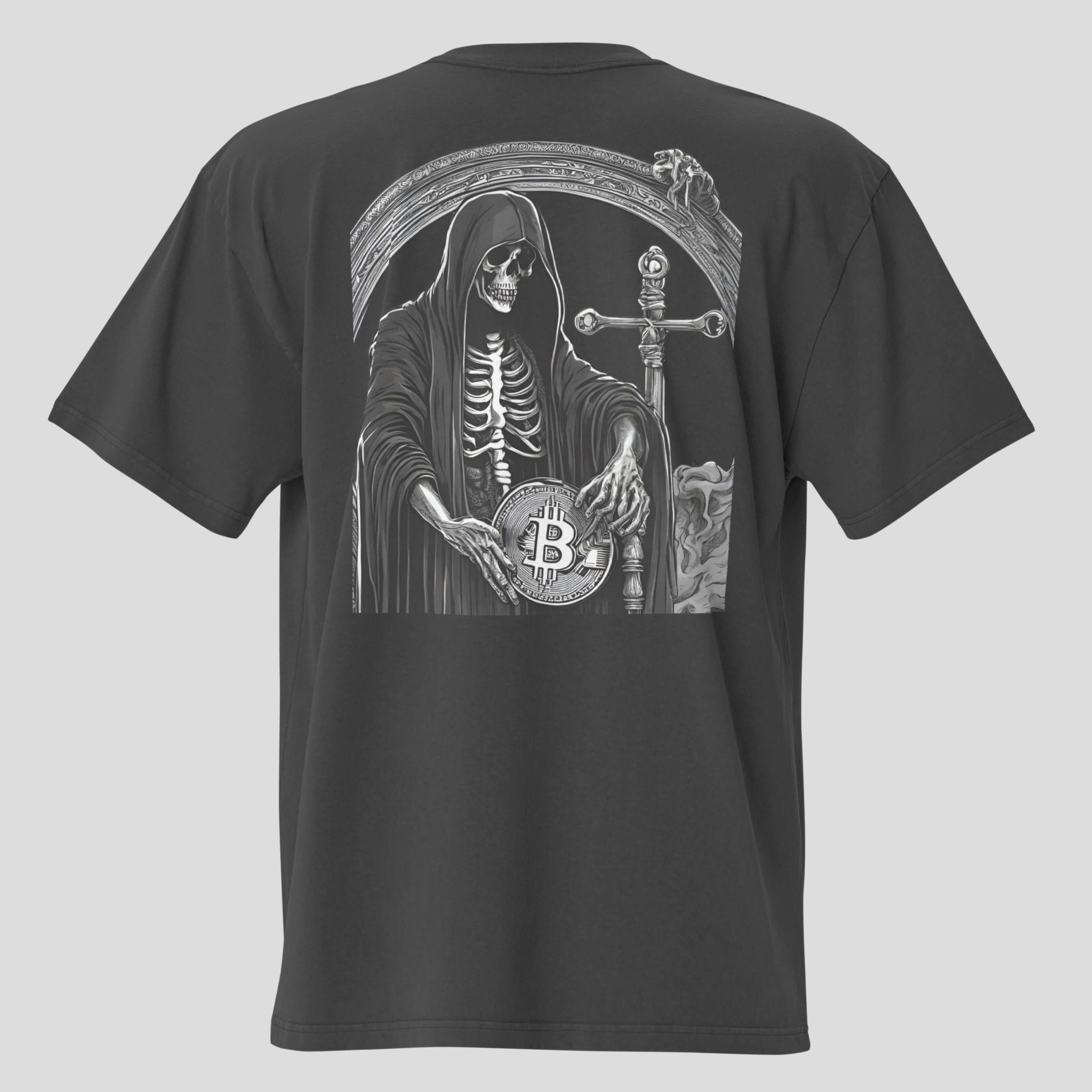 Oversized Bitcoin t-shirt featuring large back graphic artwork inspired by crypto culture, heavyweight cotton relaxed fit