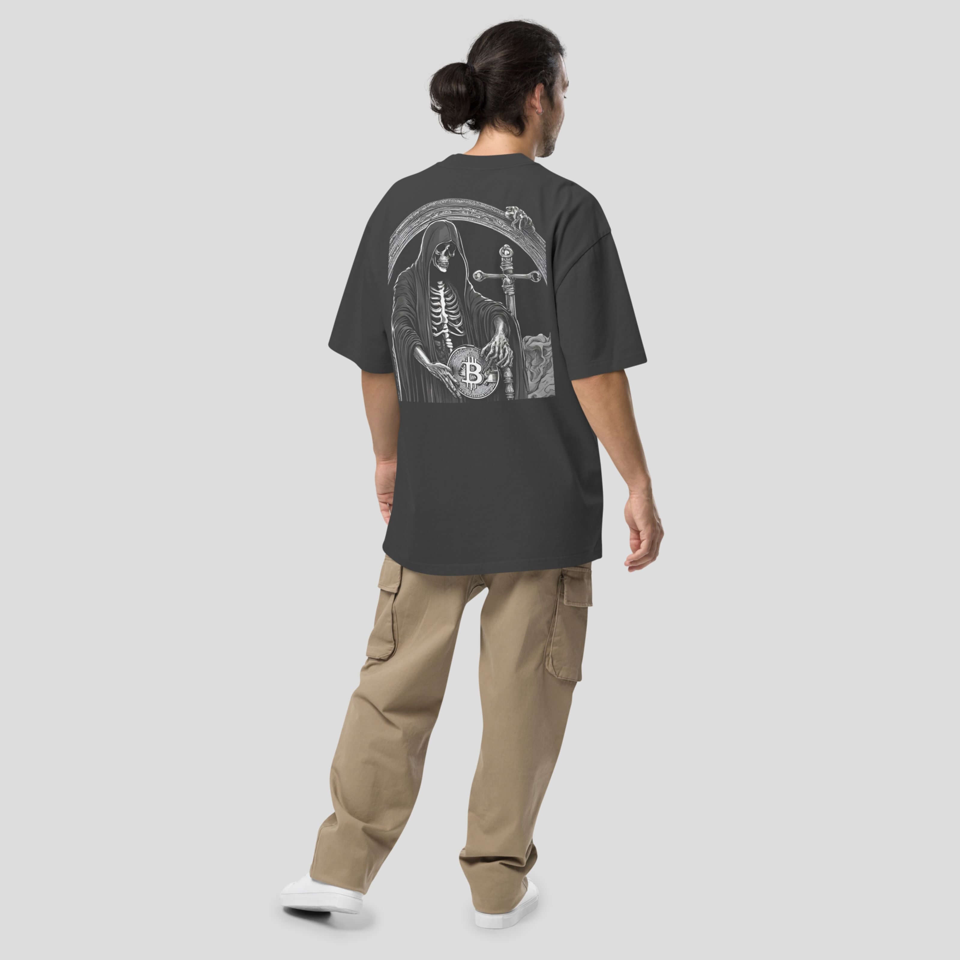 Back view of oversized Bitcoin t-shirt on model showing large graphic print and relaxed heavyweight streetwear silhouette