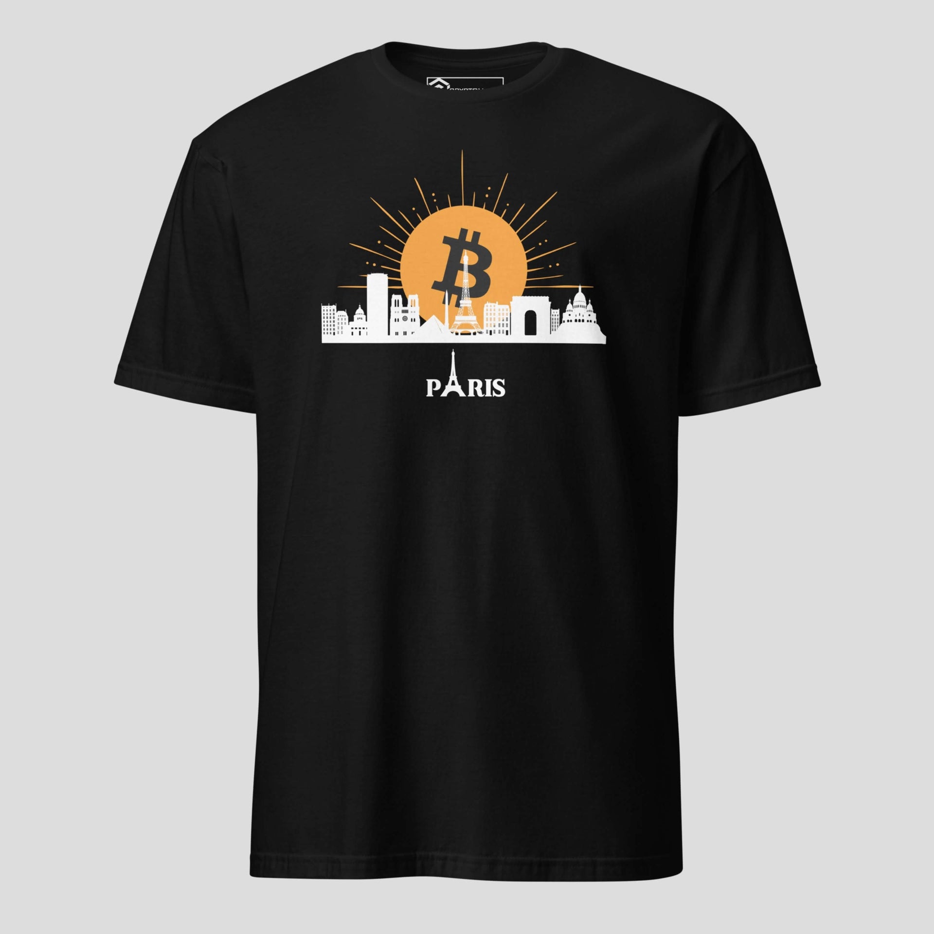 Black bitcoin Paris skyline t-shirt with BTC sun city design