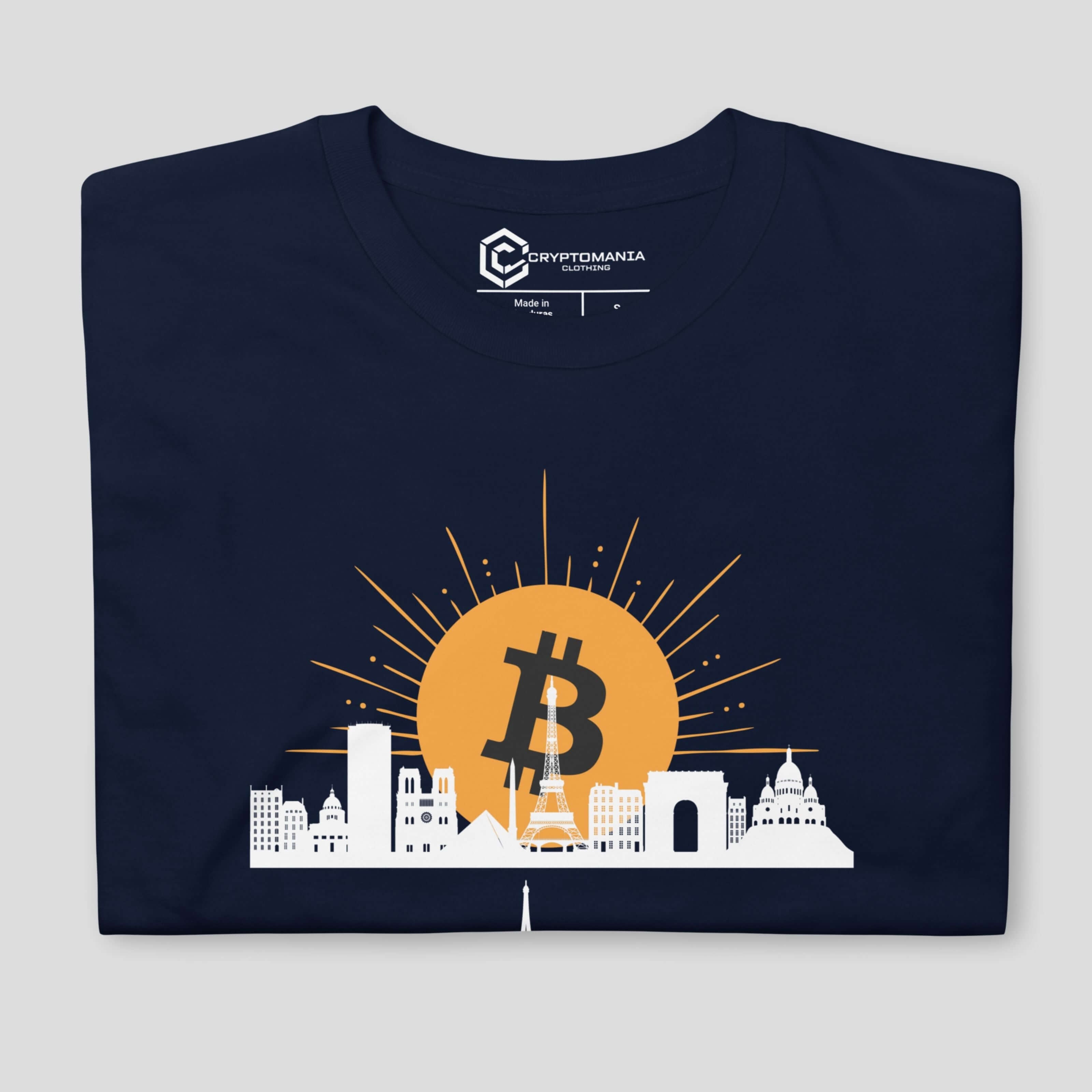 Detailed view of bitcoin Paris city streetwear t-shirt for crypto investors