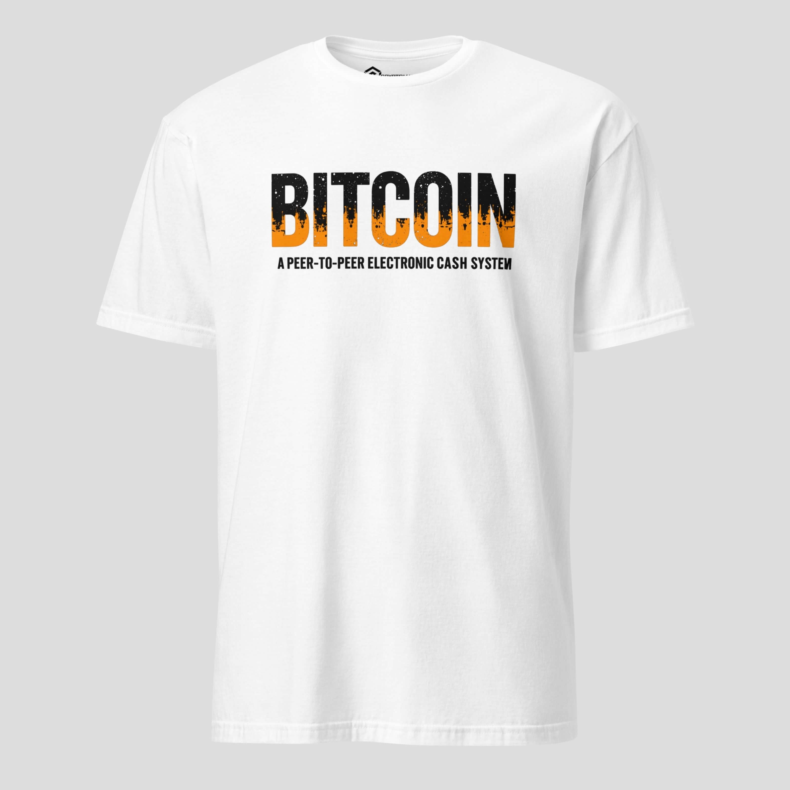 White bitcoin peer to peer electronic cash system t-shirt front view