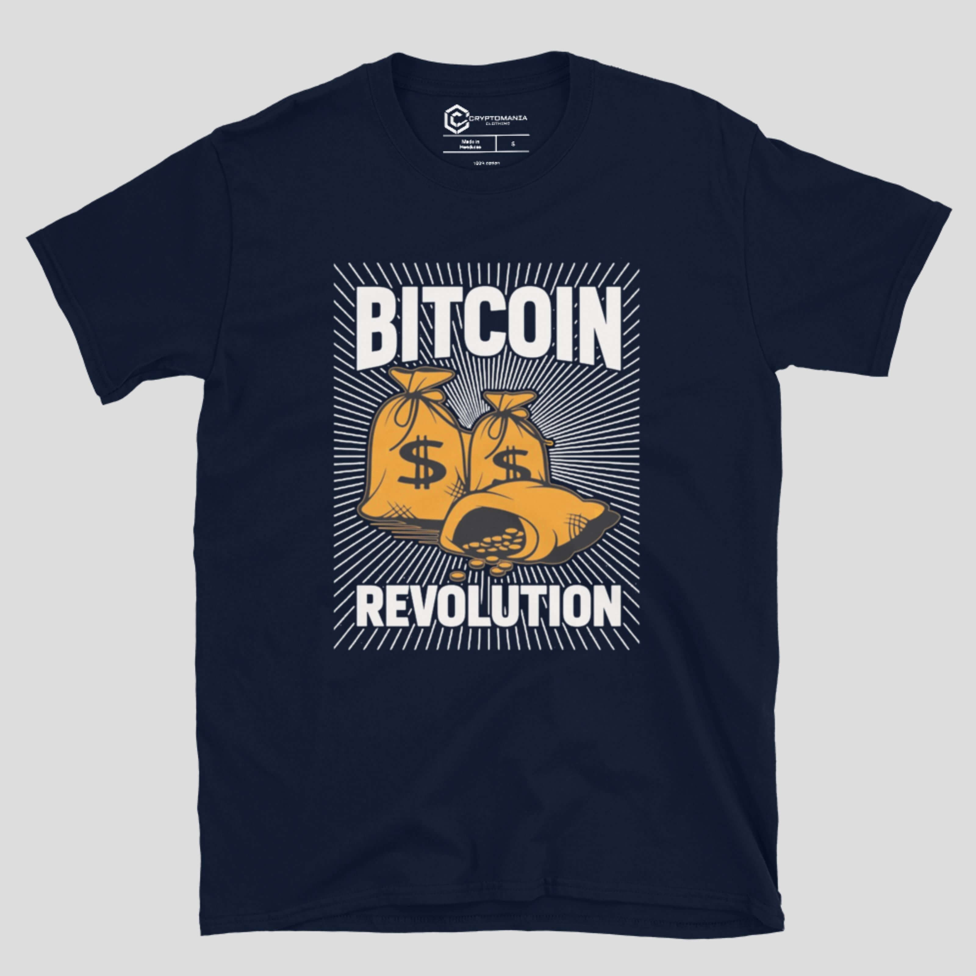 navy bitcoin revolution t-shirt cryptocurrency message