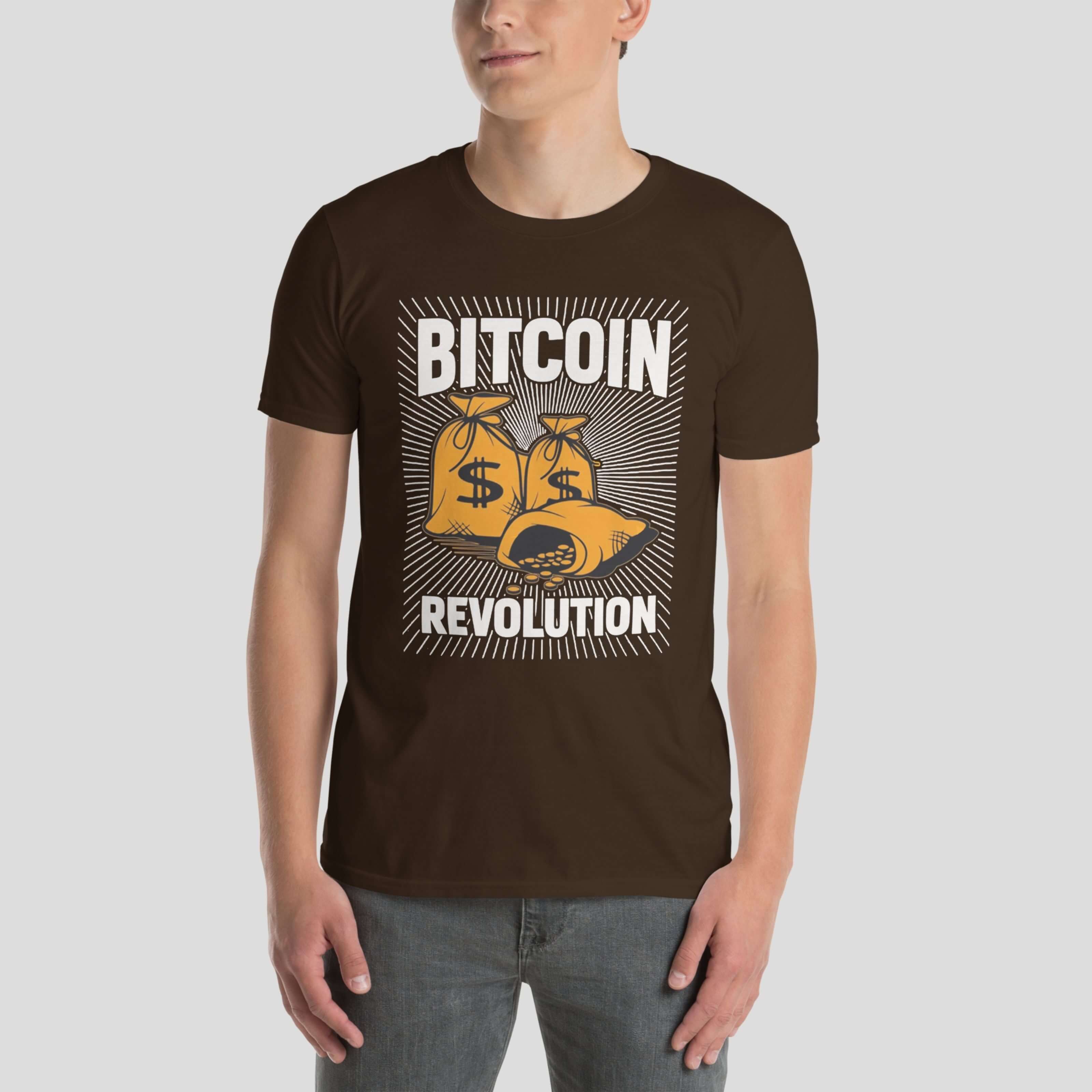 bitcoin revolution t-shirt worn by model unisex fit