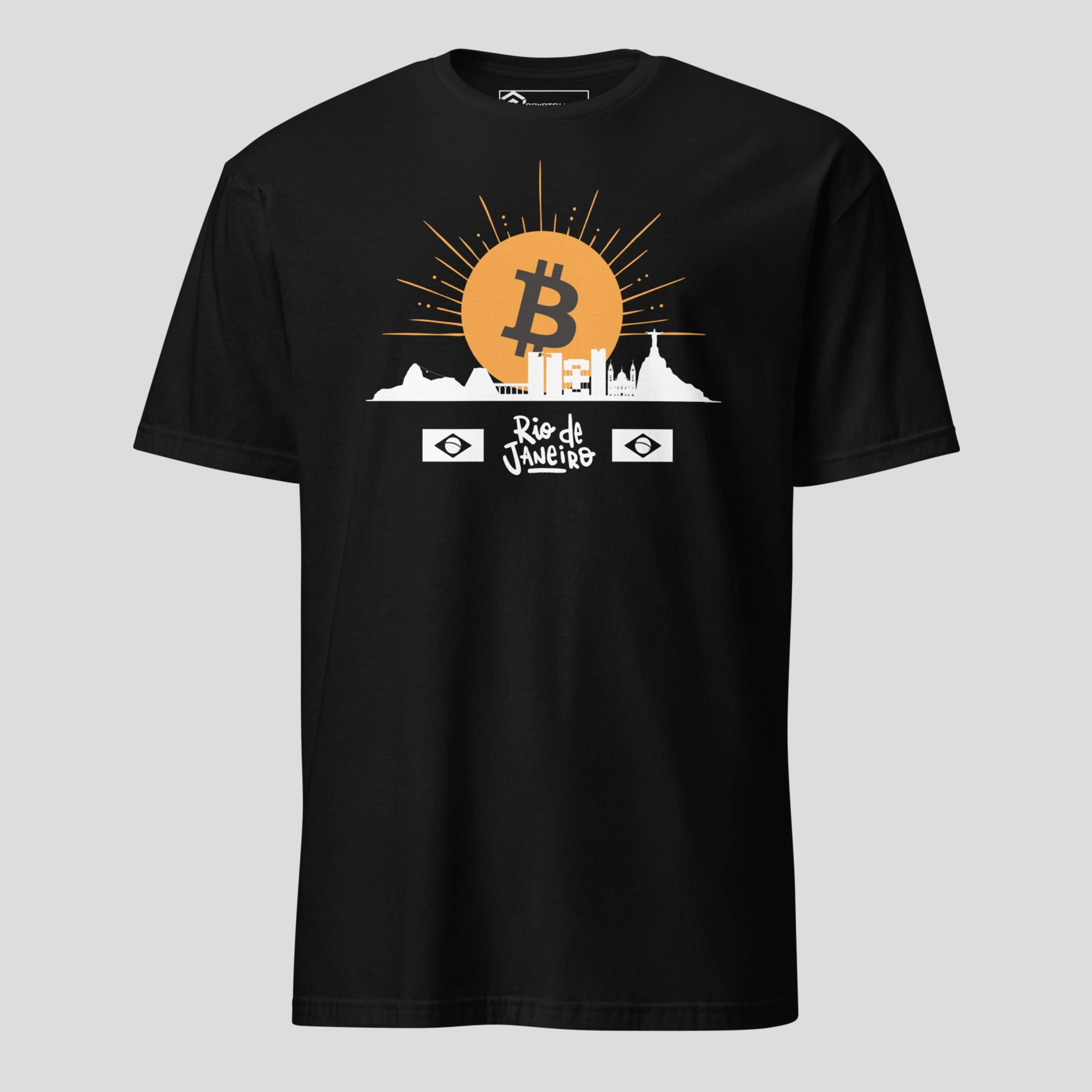 Black Bitcoin t-shirt featuring a golden Bitcoin sun rising over the Rio de Janeiro skyline