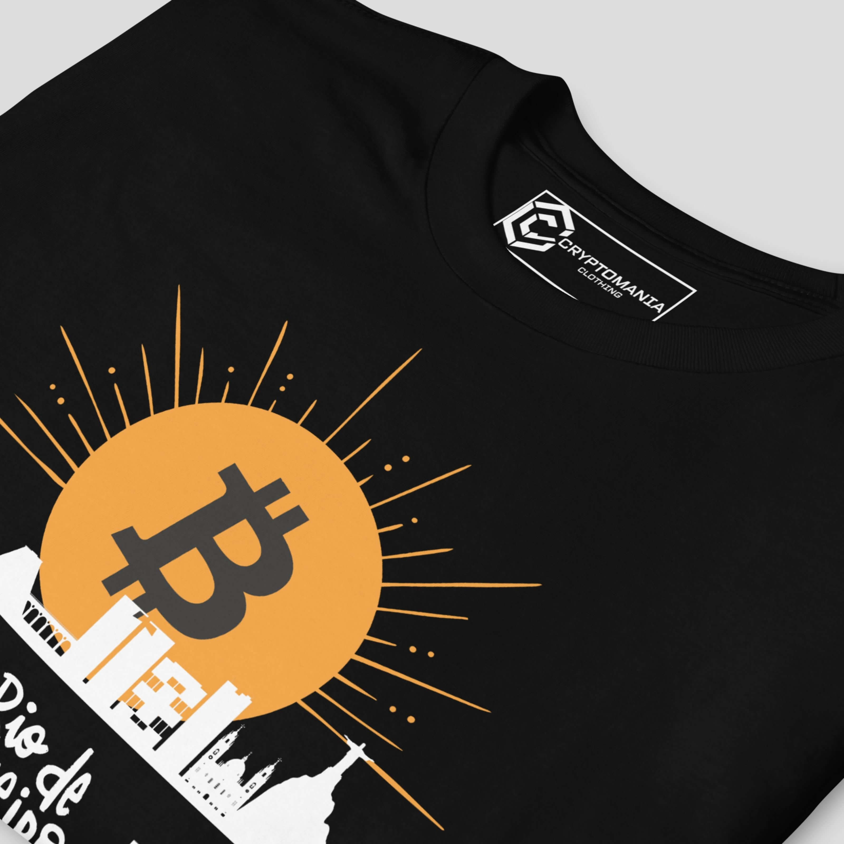 Close-up of Bitcoin sun design with Rio de Janeiro landmarks on black crypto t-shirt