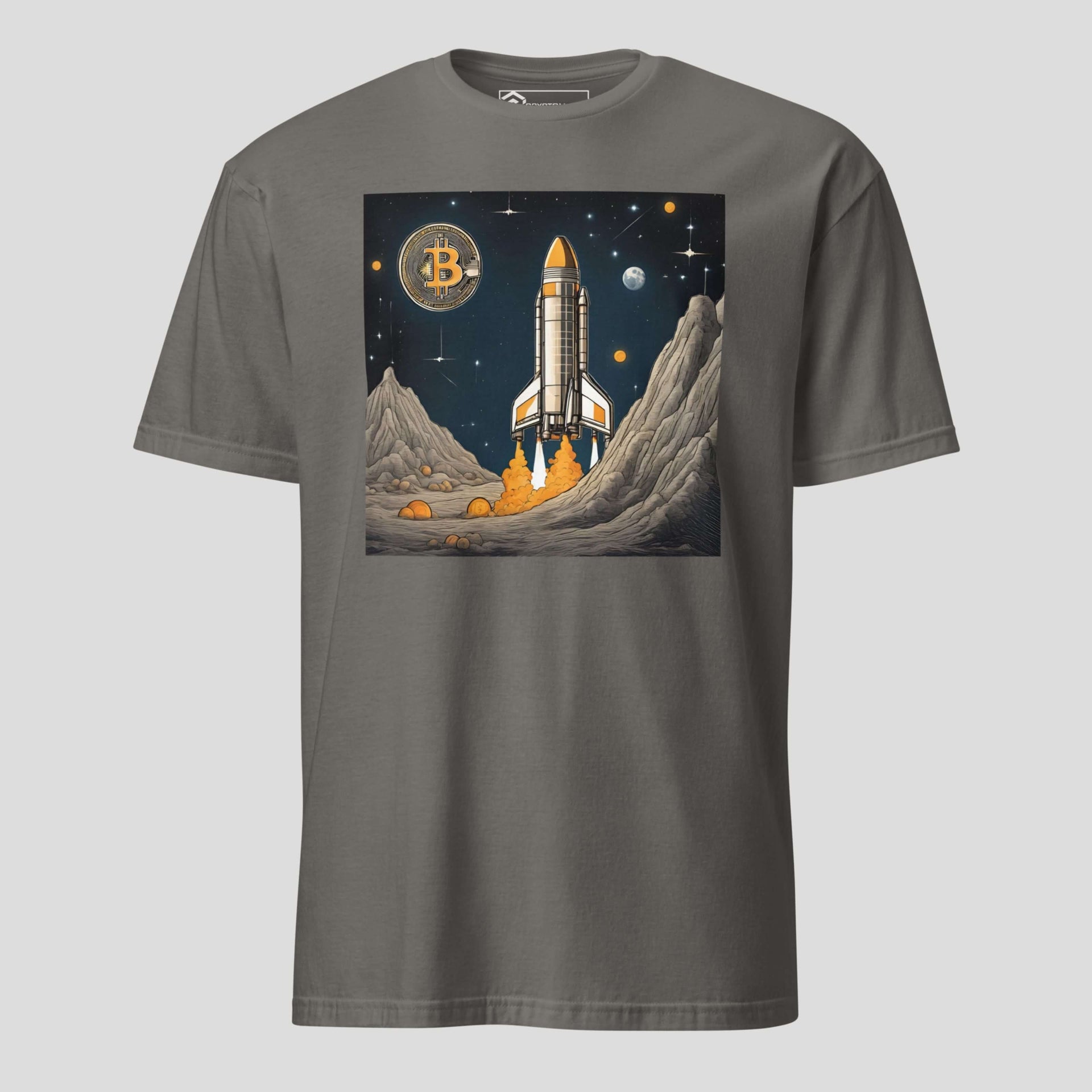 Grey Bitcoin rocket launch crypto graphic t-shirt