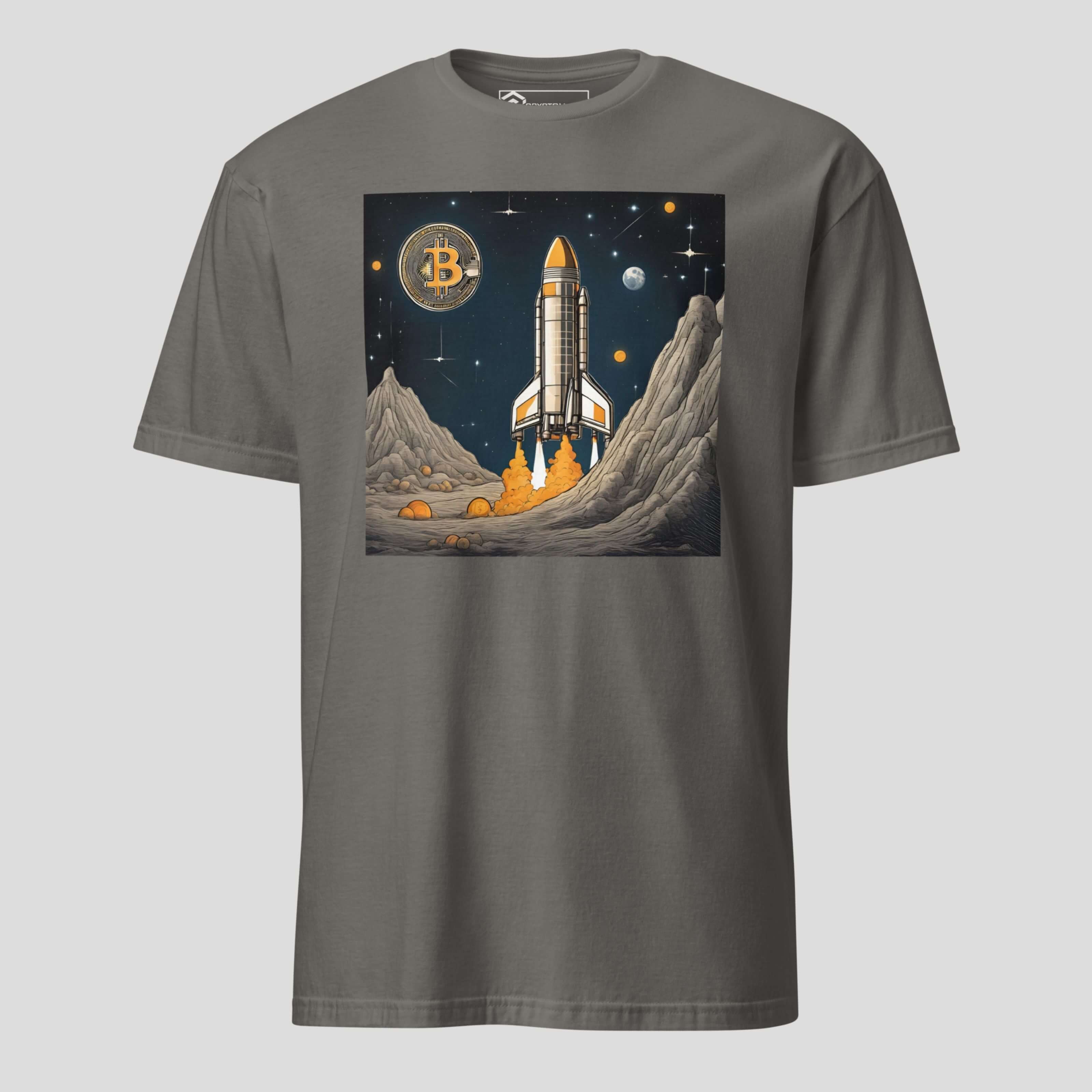 Grey Bitcoin rocket launch crypto graphic t-shirt