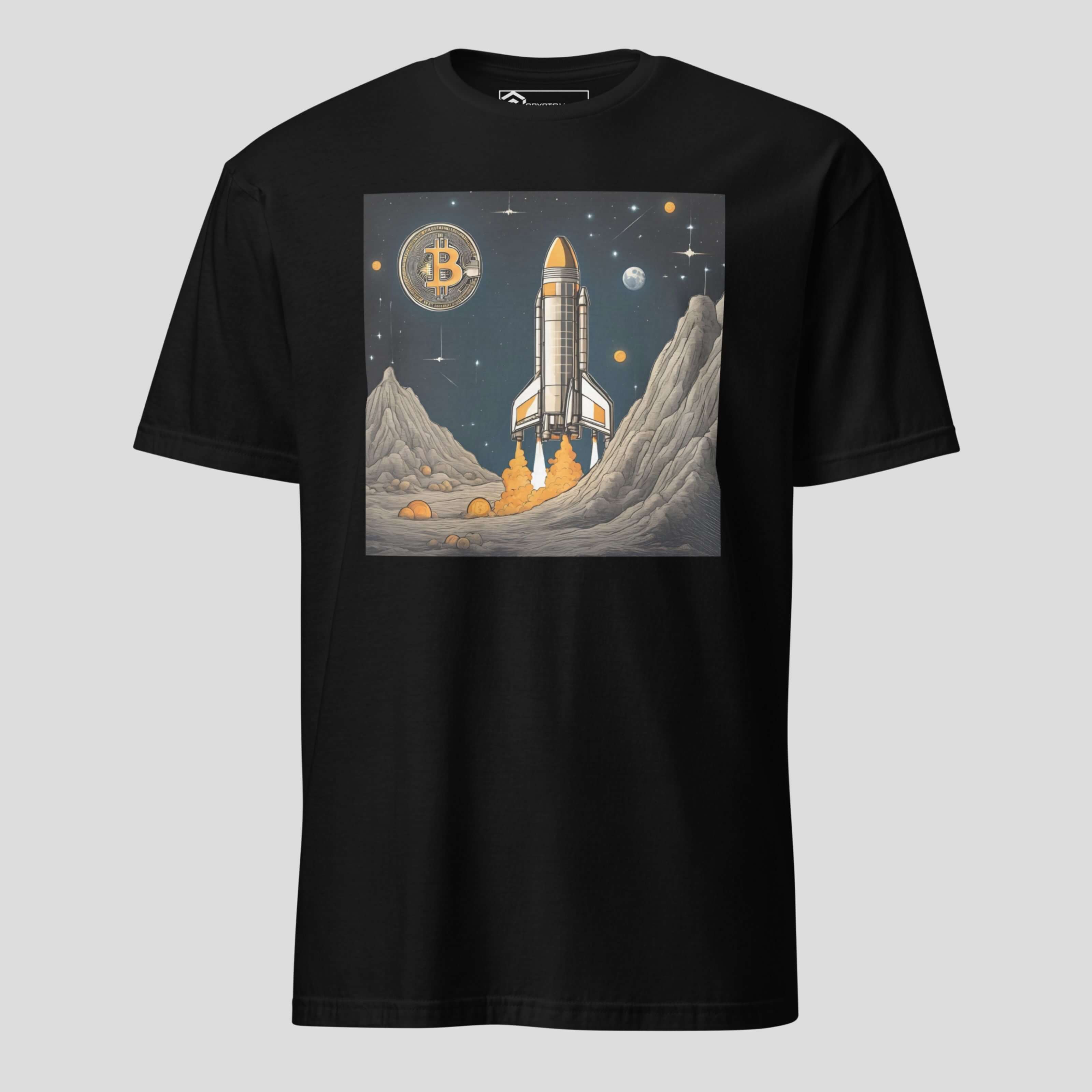 Black crypto space rocket launch bitcoin t-shirt