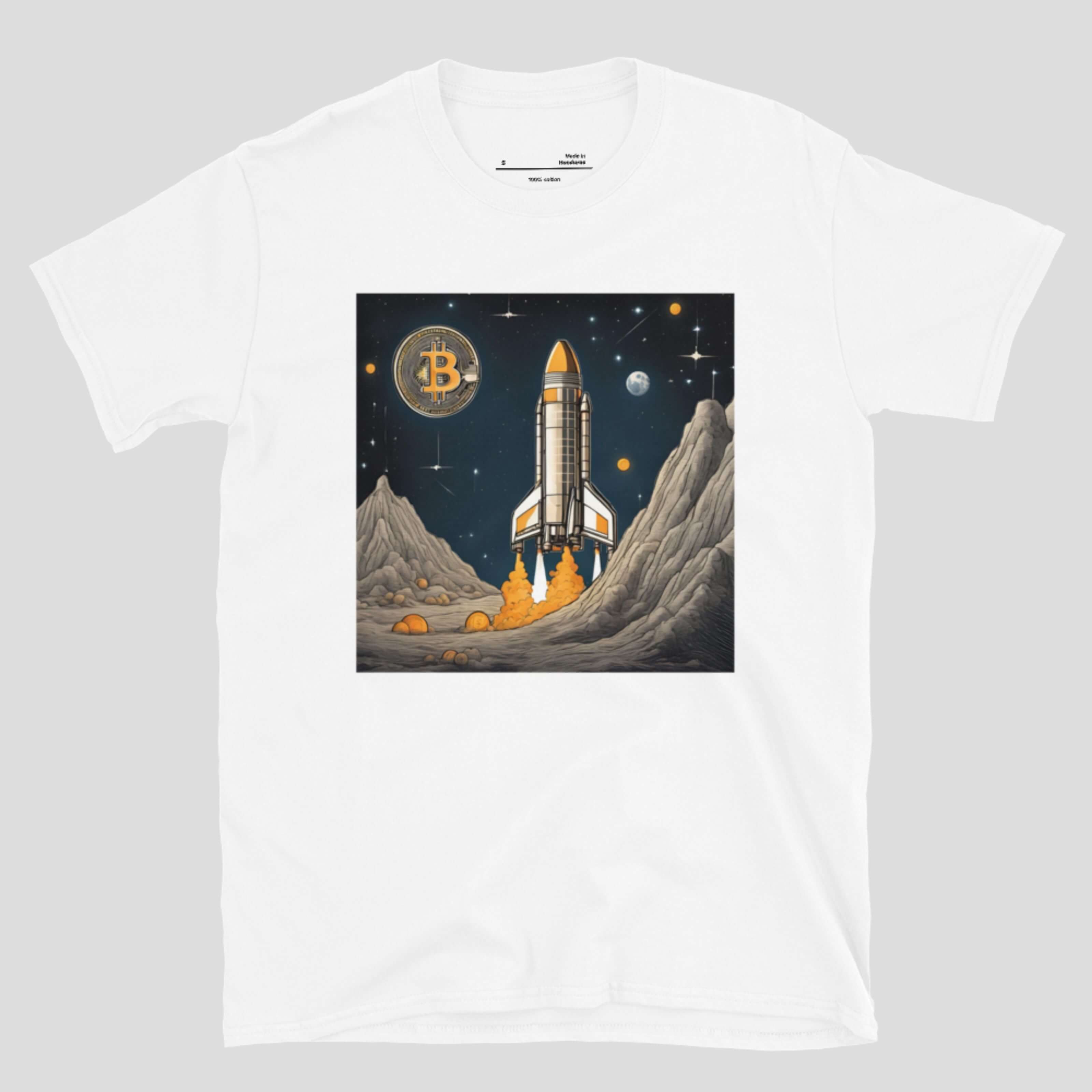 White bitcoin rocket launch space crypto t-shirt design