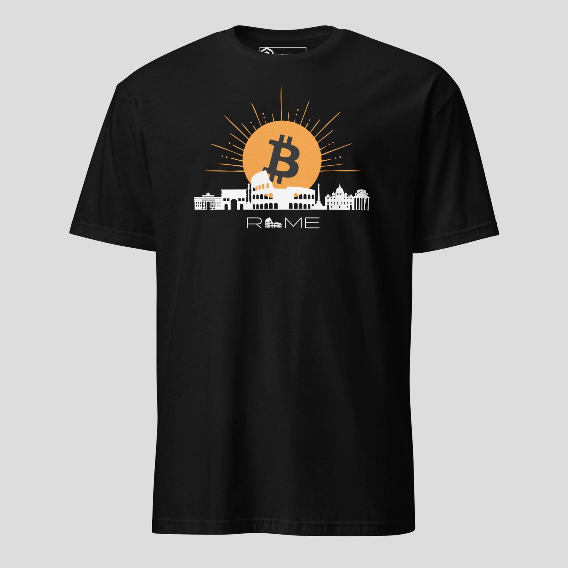 Black Bitcoin Rome t-shirt featuring a crypto skyline design inspired by the Colosseum and classic Roman architecture