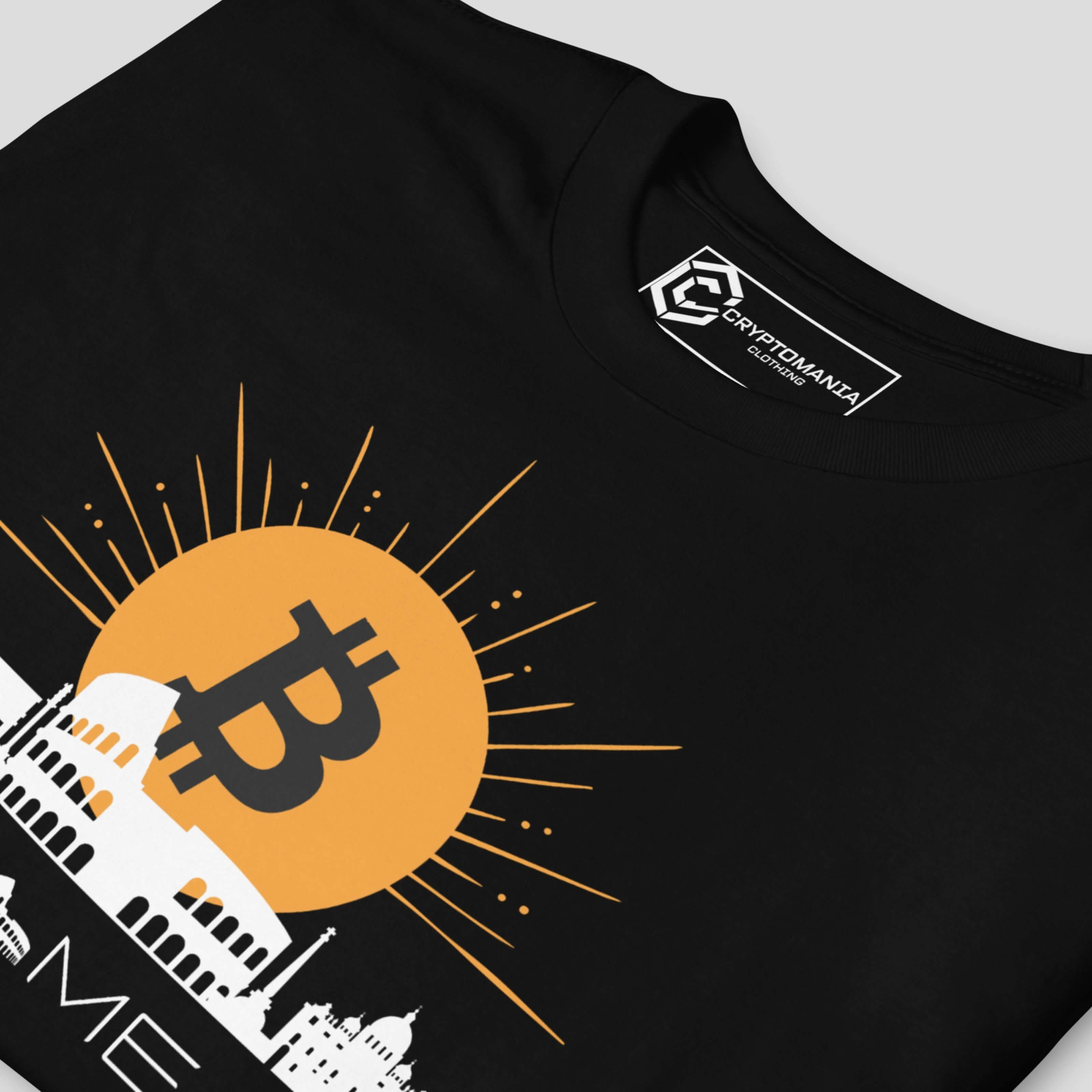 Close-up of Bitcoin Rome crypto t-shirt with golden bitcoin sun and Rome skyline illustration