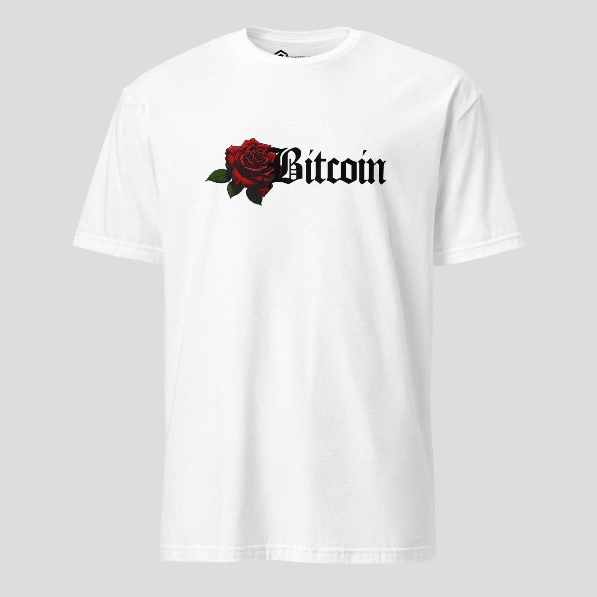 White Bitcoin rose t-shirt with gothic typography and floral crypto design