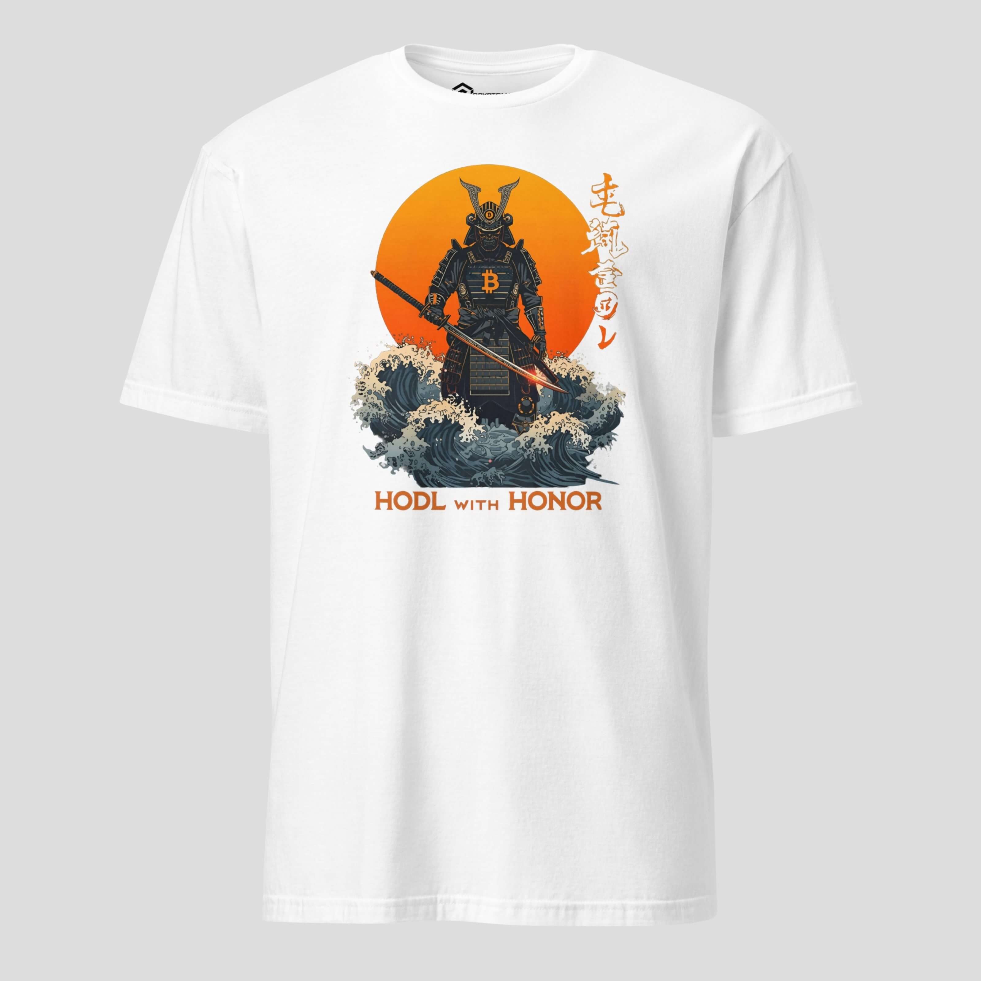 White HODL with honor bitcoin samurai t-shirt