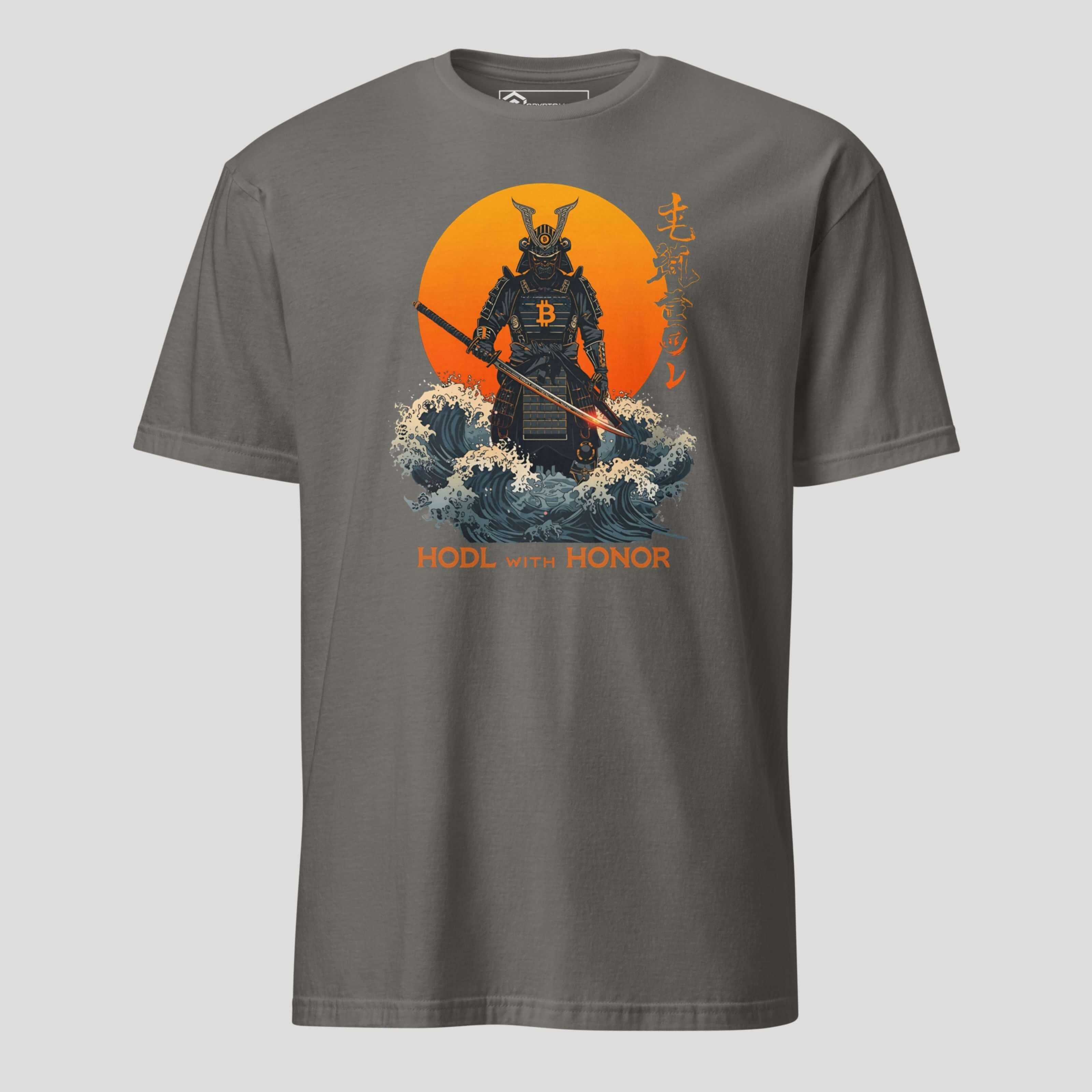 Grey bitcoin samurai hodl with honor crypto t-shirt