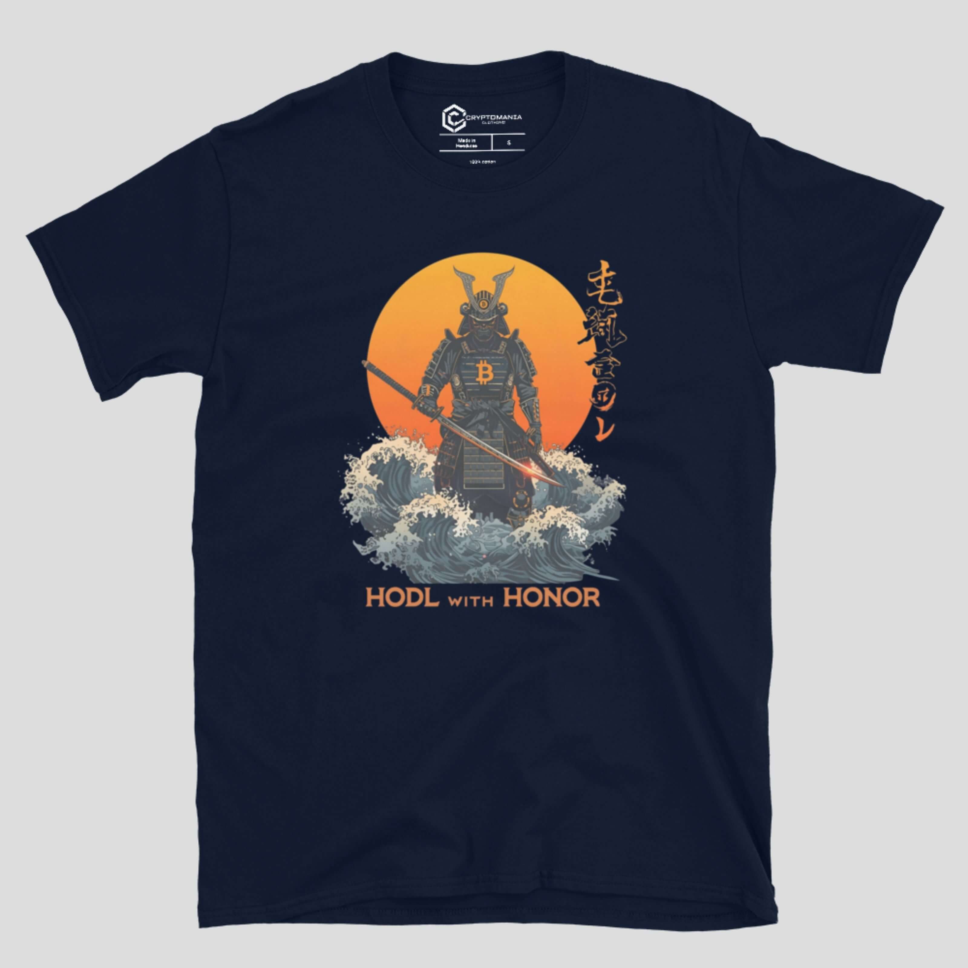 Navy blue t-shirt with a samurai design and 'HODL with Honor' text on a gray background