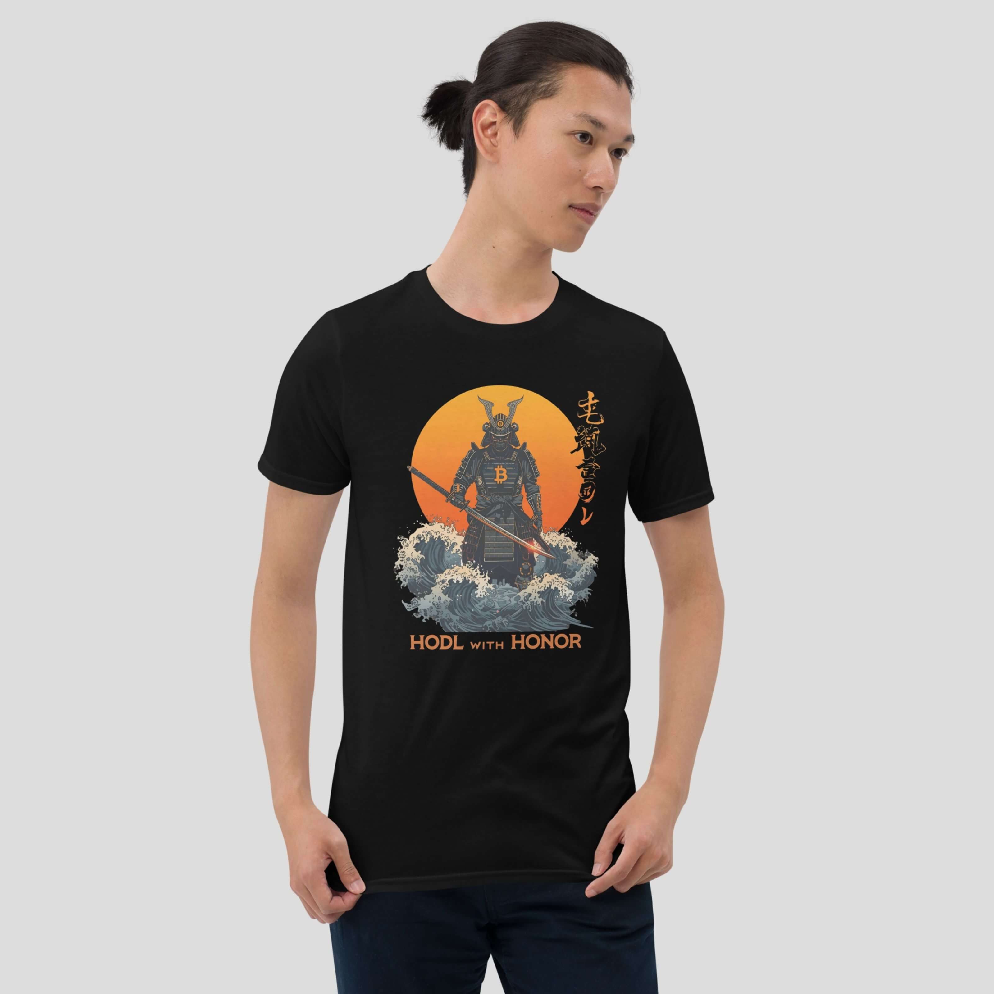 Model wearing a black bitcoin samurai hodl t-shirt